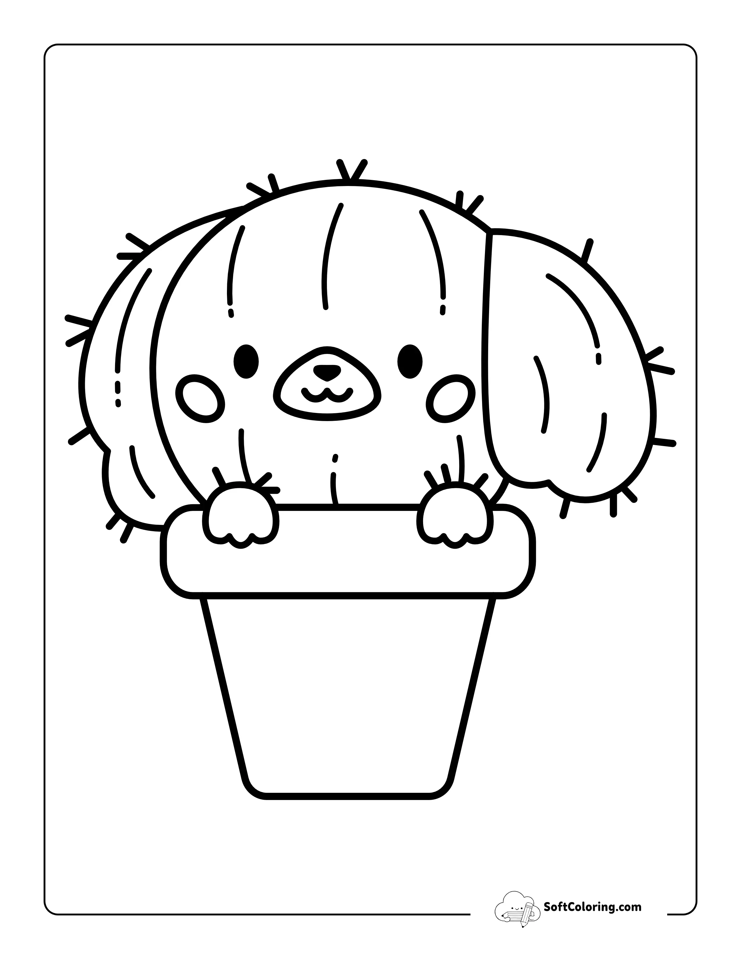 Kawaii Puppy Dog Cactus Coloring Page