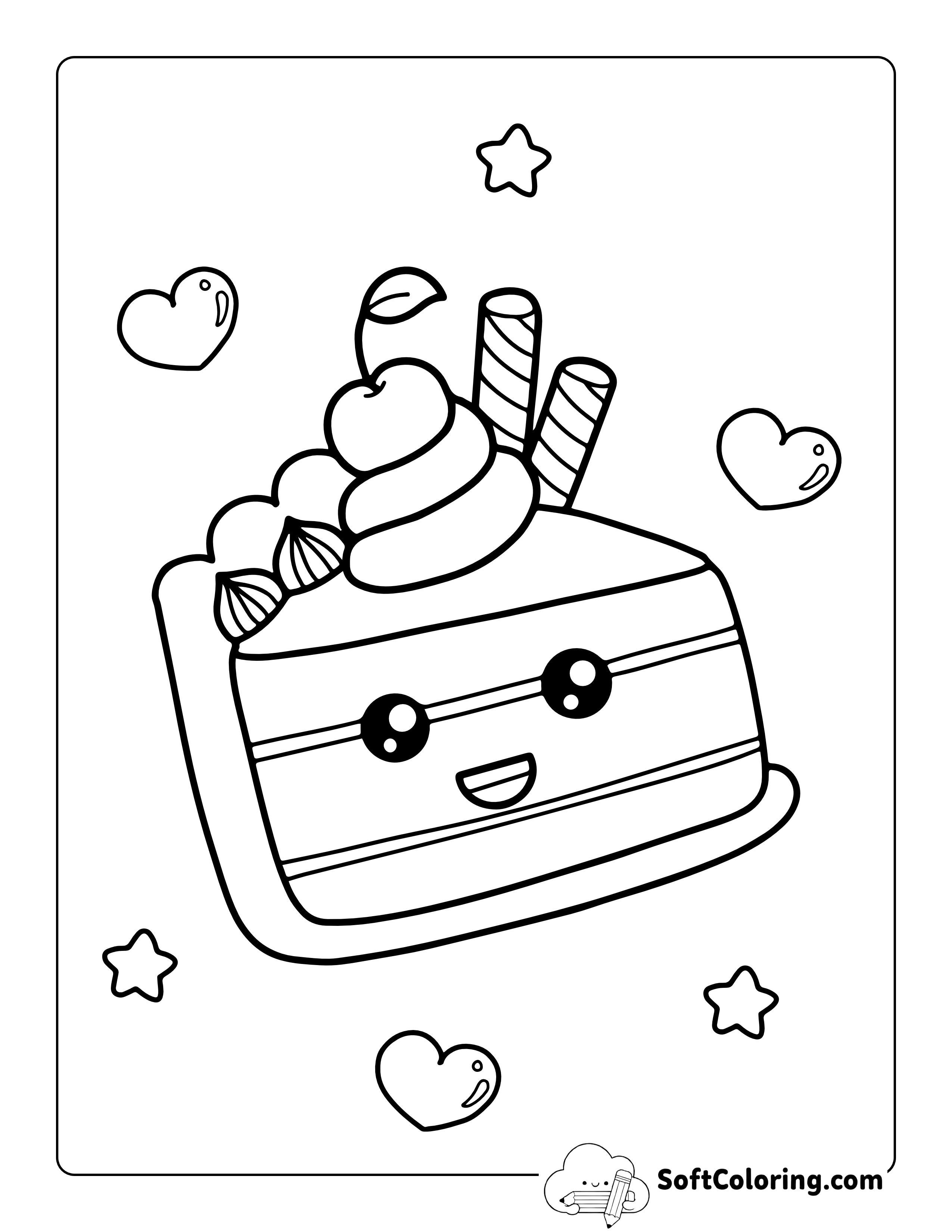 Kawaii Cake with Cherry on Top Picture to Color