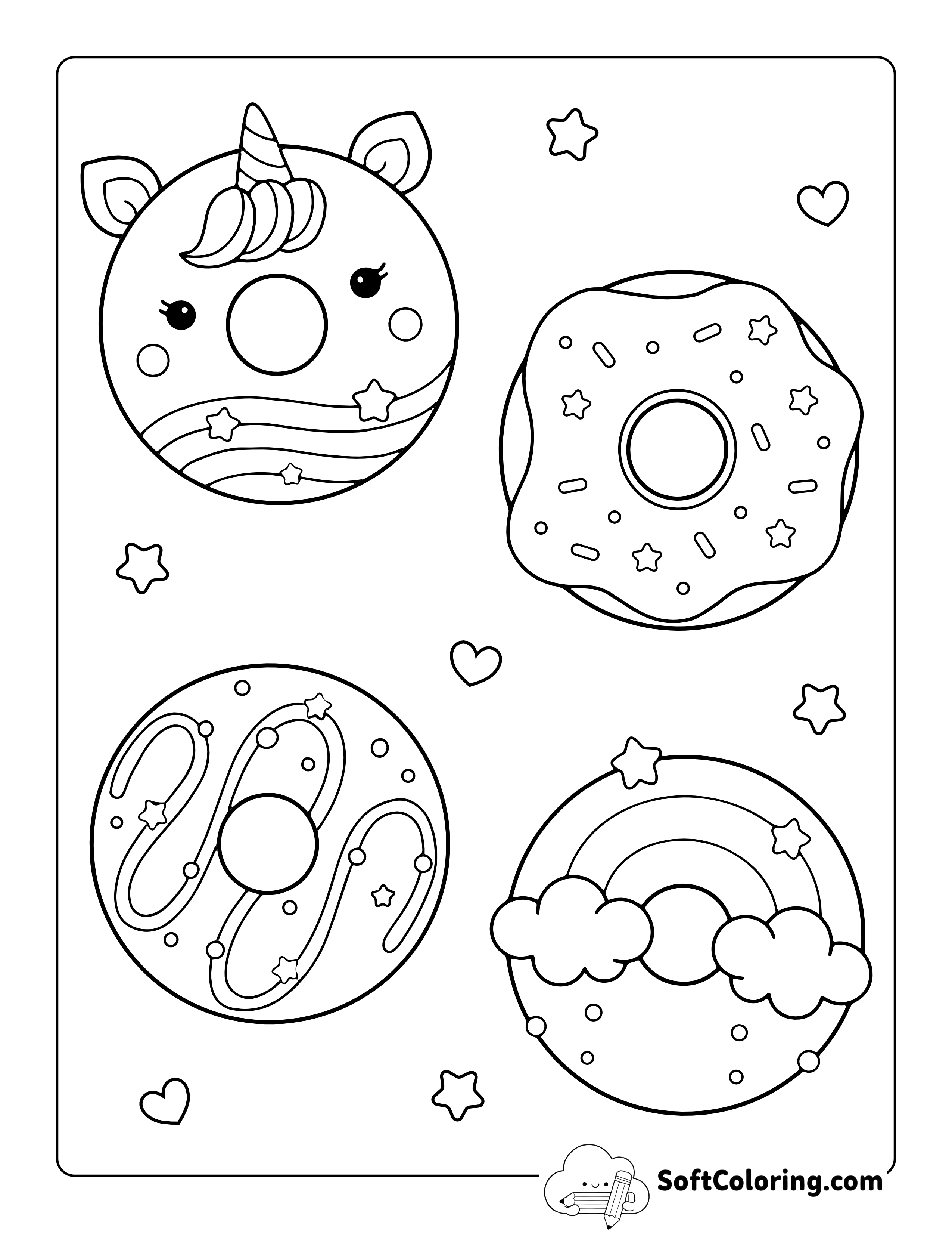 Magical Kawaii Donuts Coloring Page