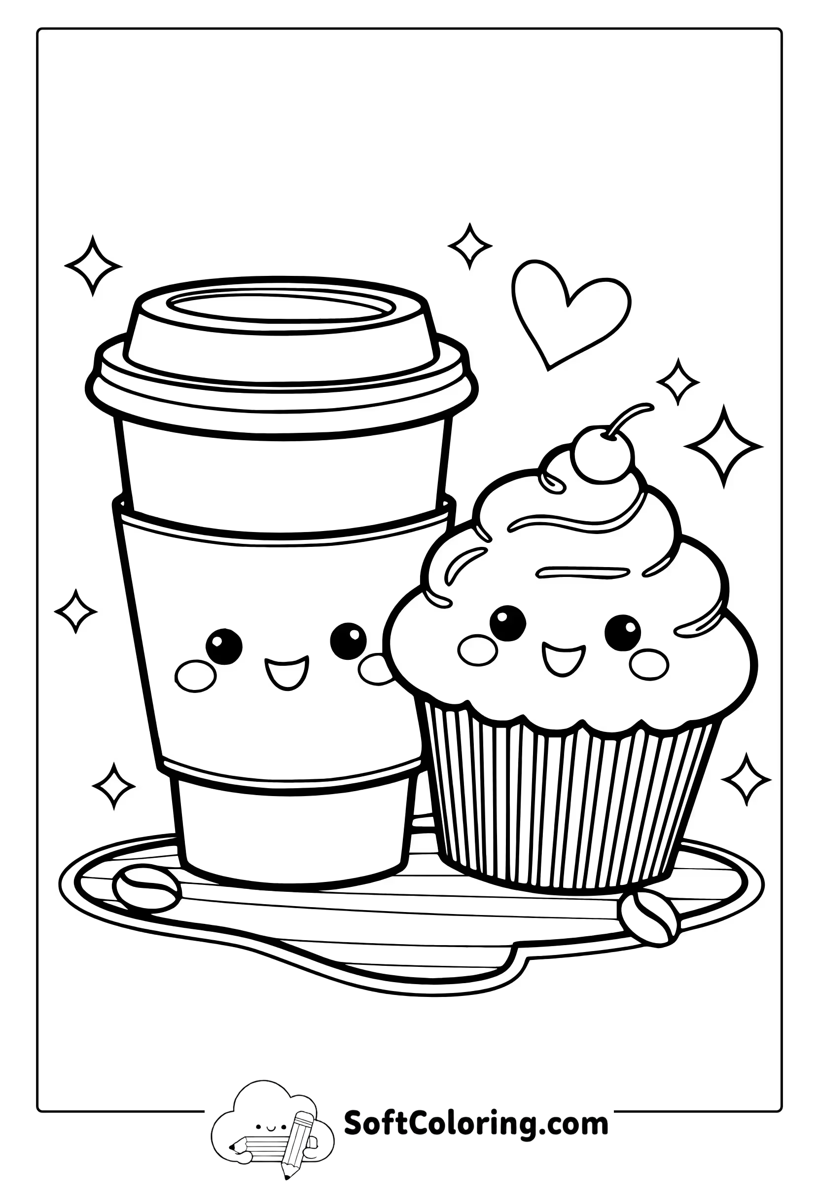 kawaii cupcake and coffee coloring page