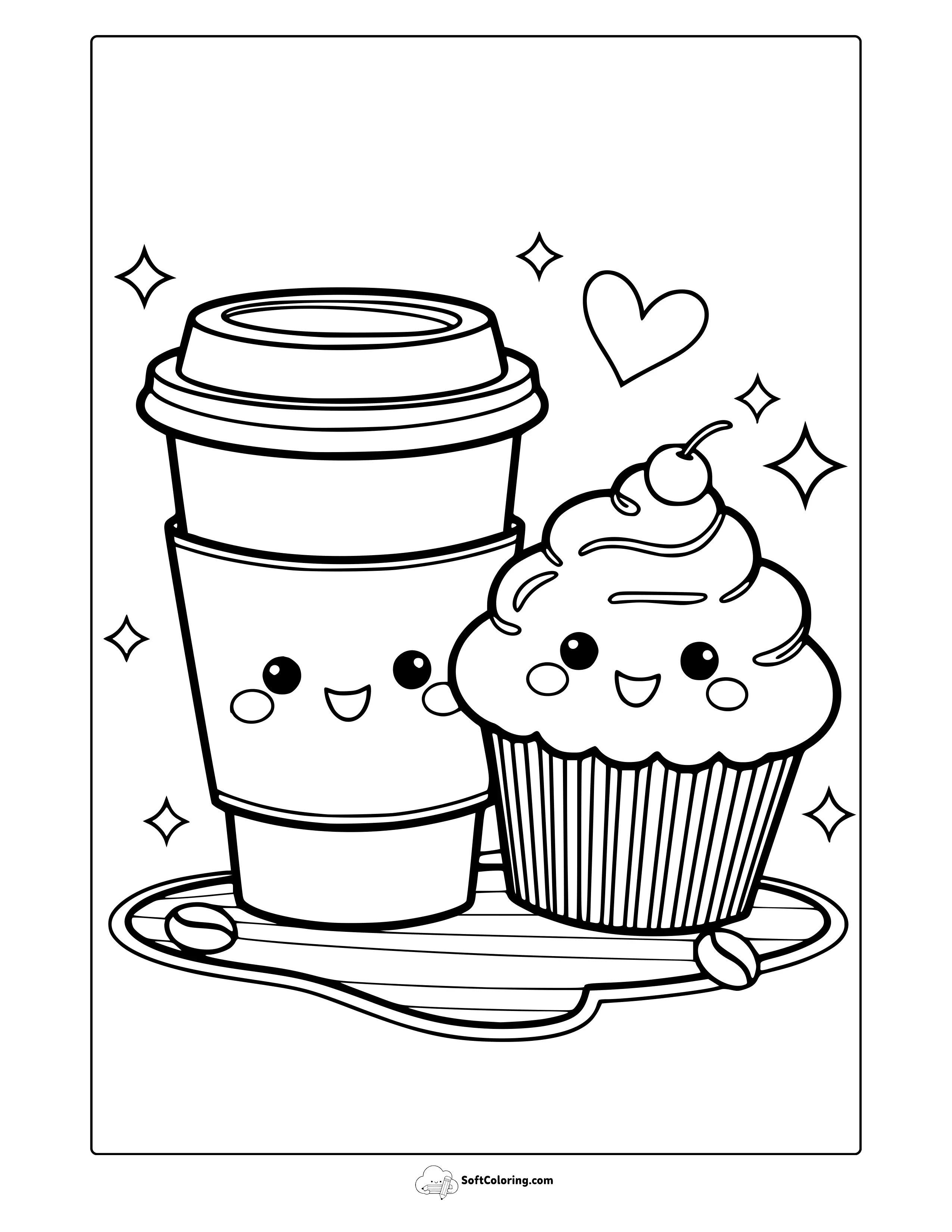 Kawaii Cupcake And Coffee Coloring Page