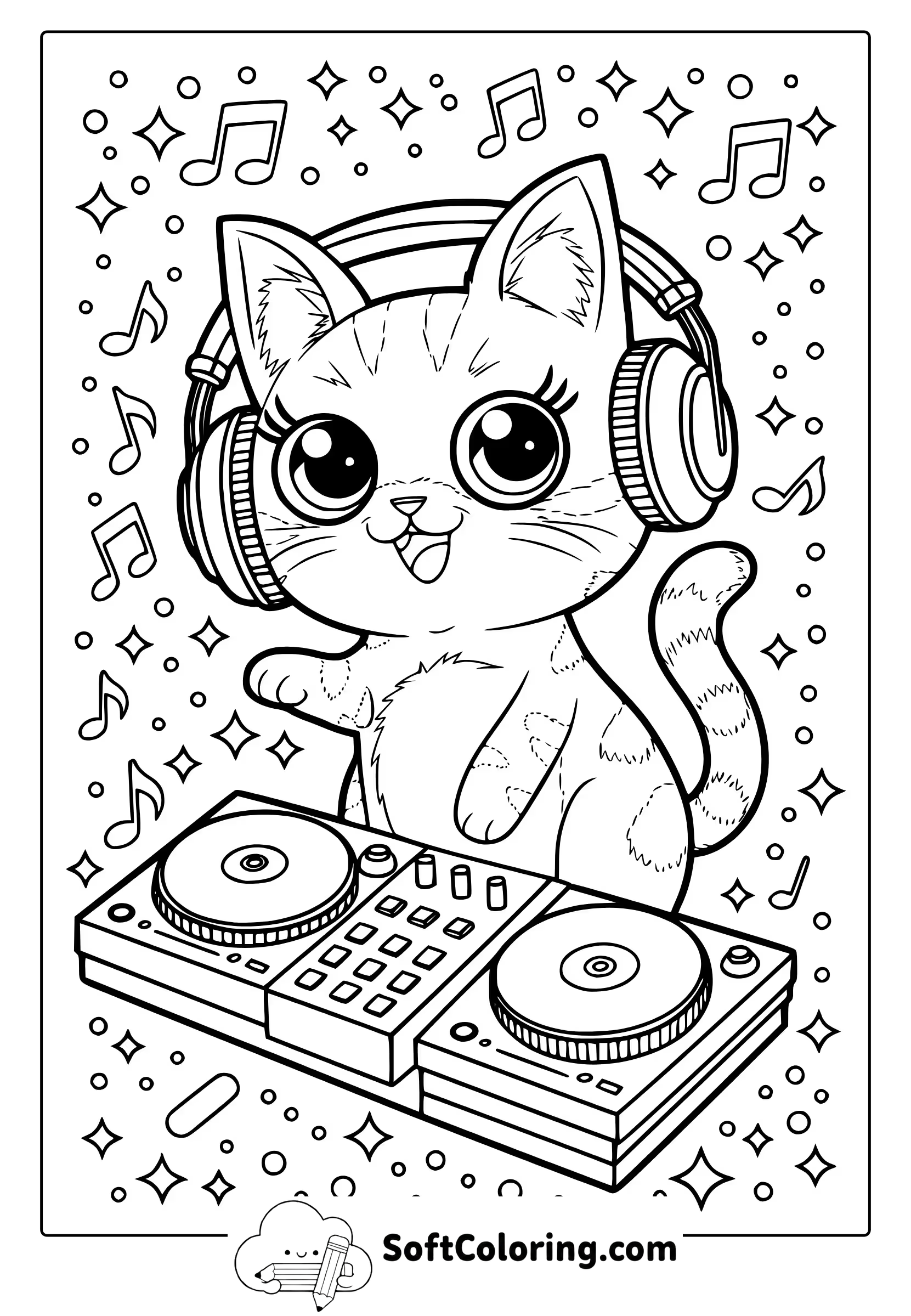 kawaii dj cat coloring page