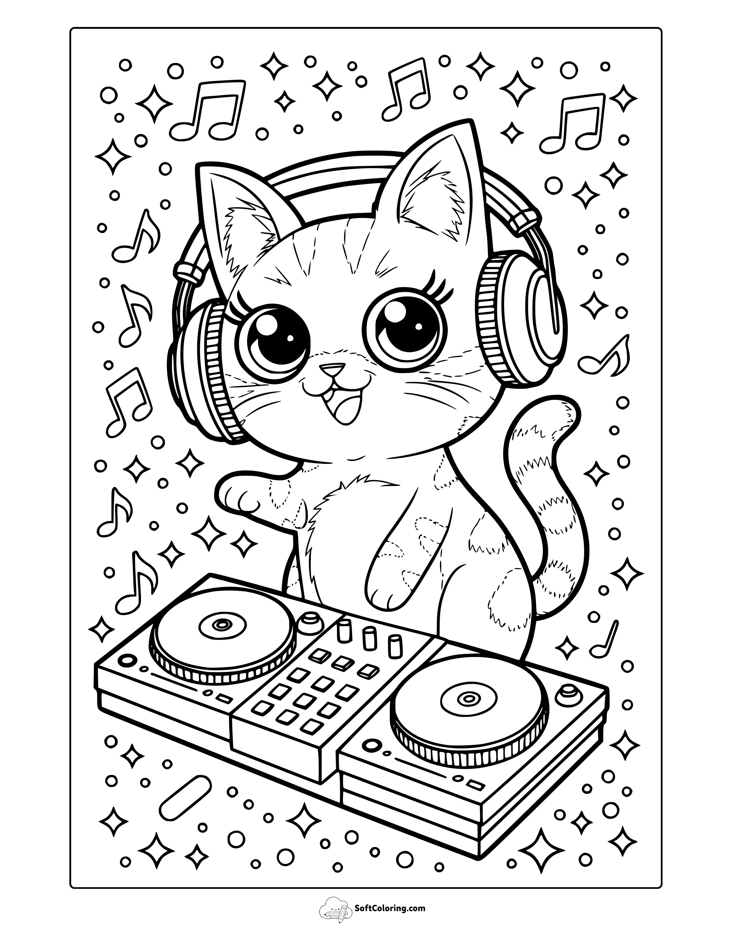 Kawaii Dj Cat Coloring Page