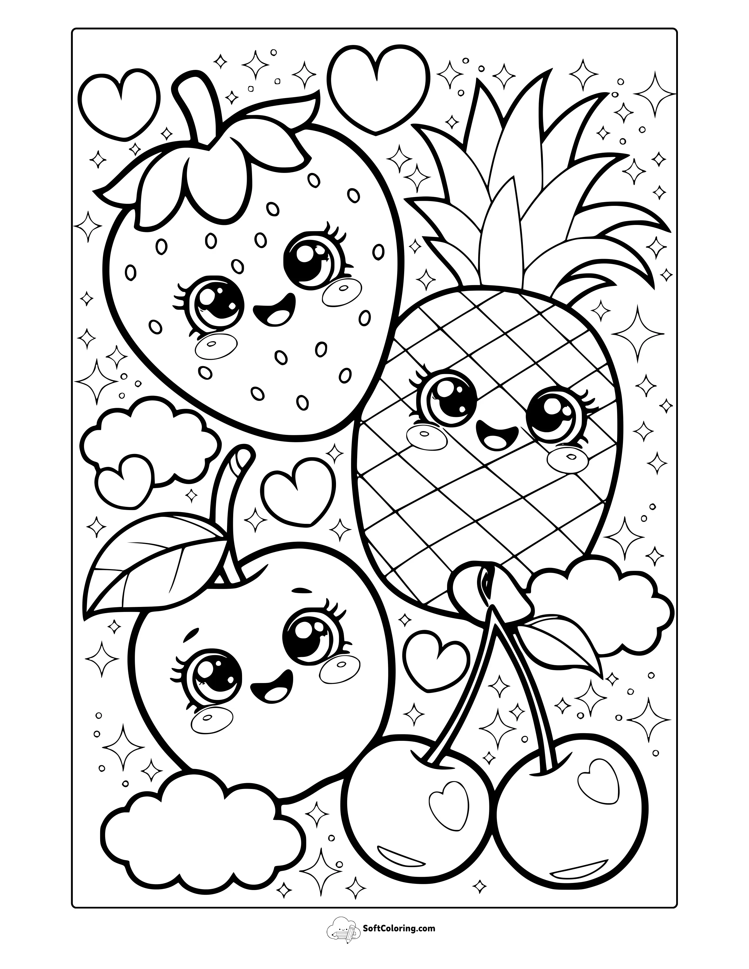 Kawaii Fruits Coloring Page