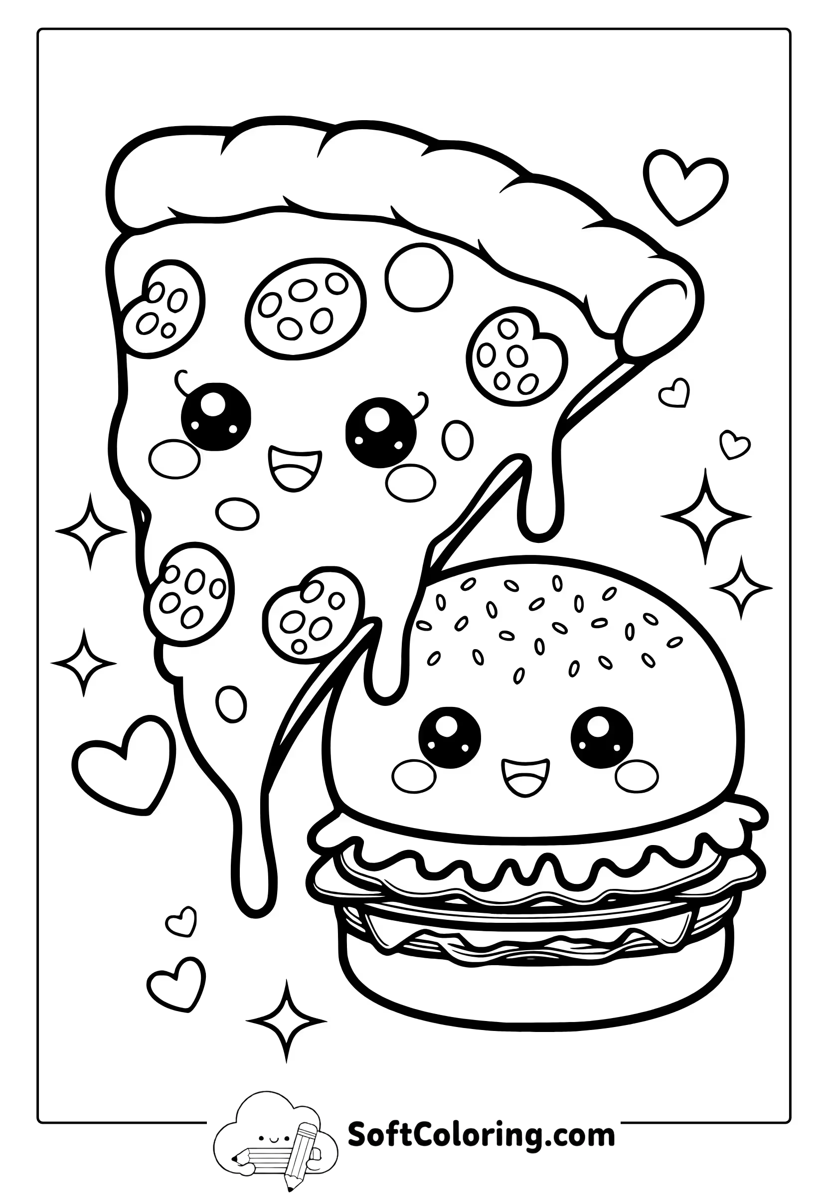 kawaii pizza and hamburger coloring page