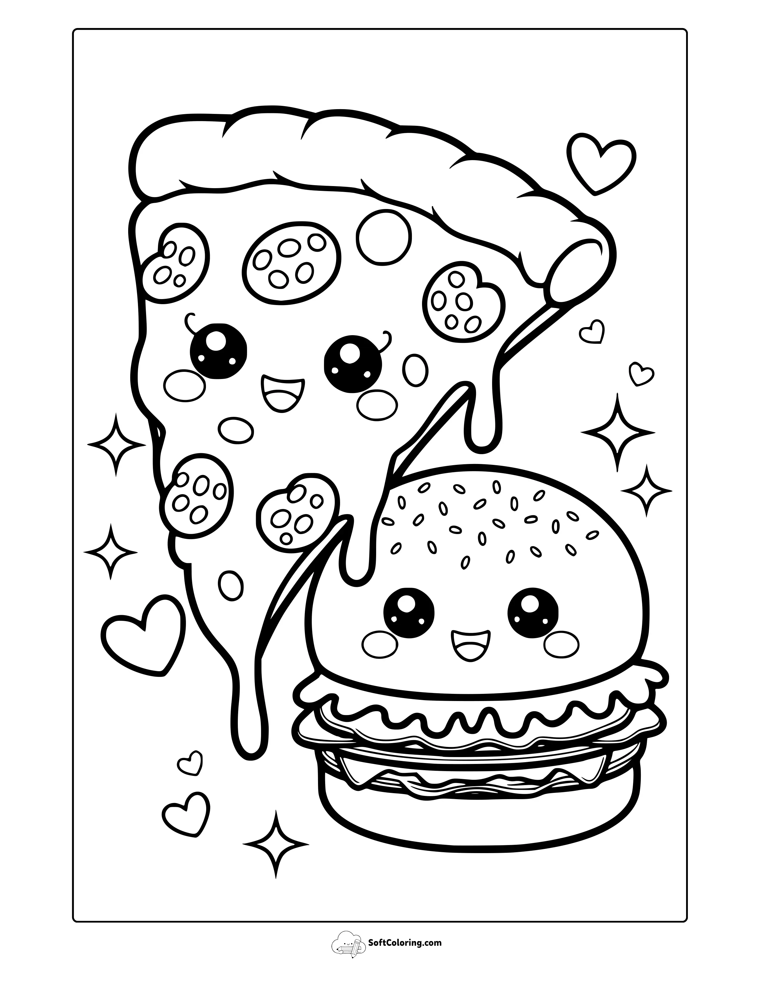 Kawaii Pizza And Hamburger Coloring Page