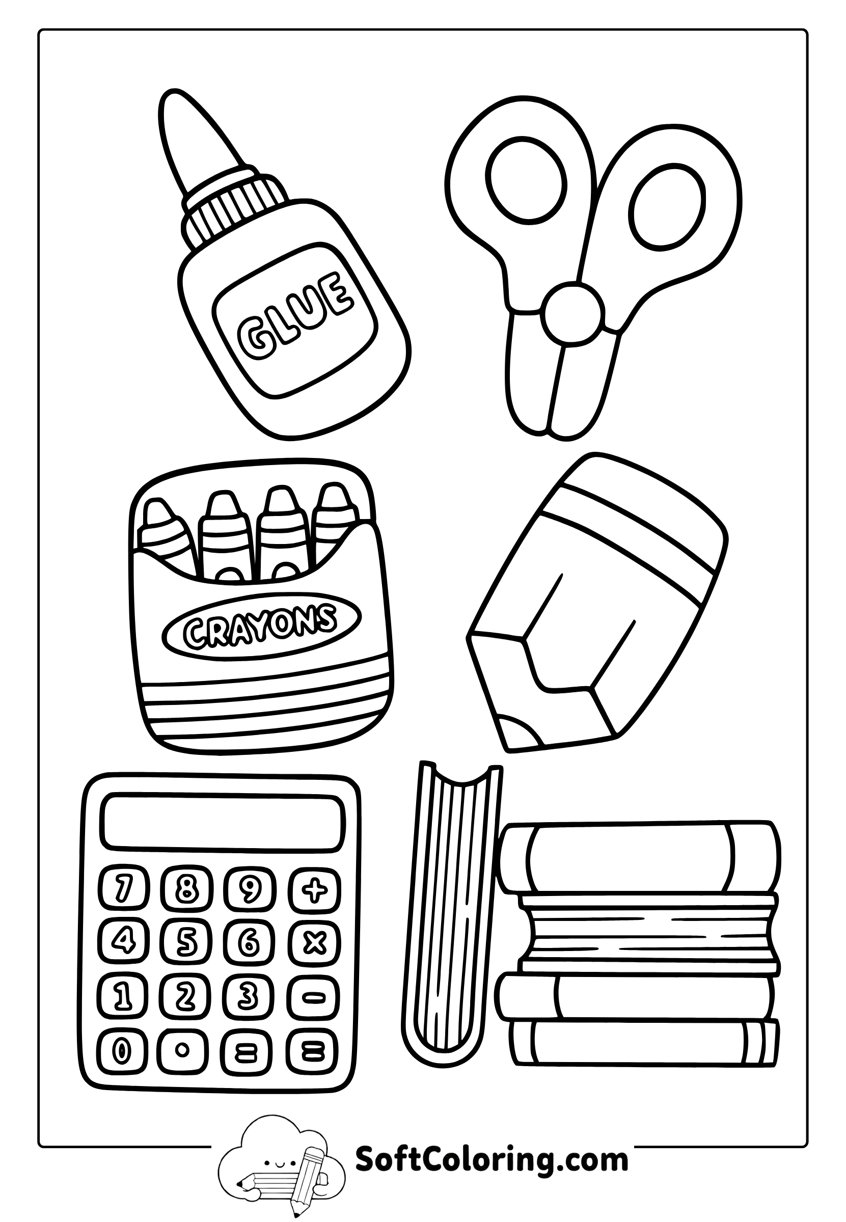 kawaii school materials coloring page