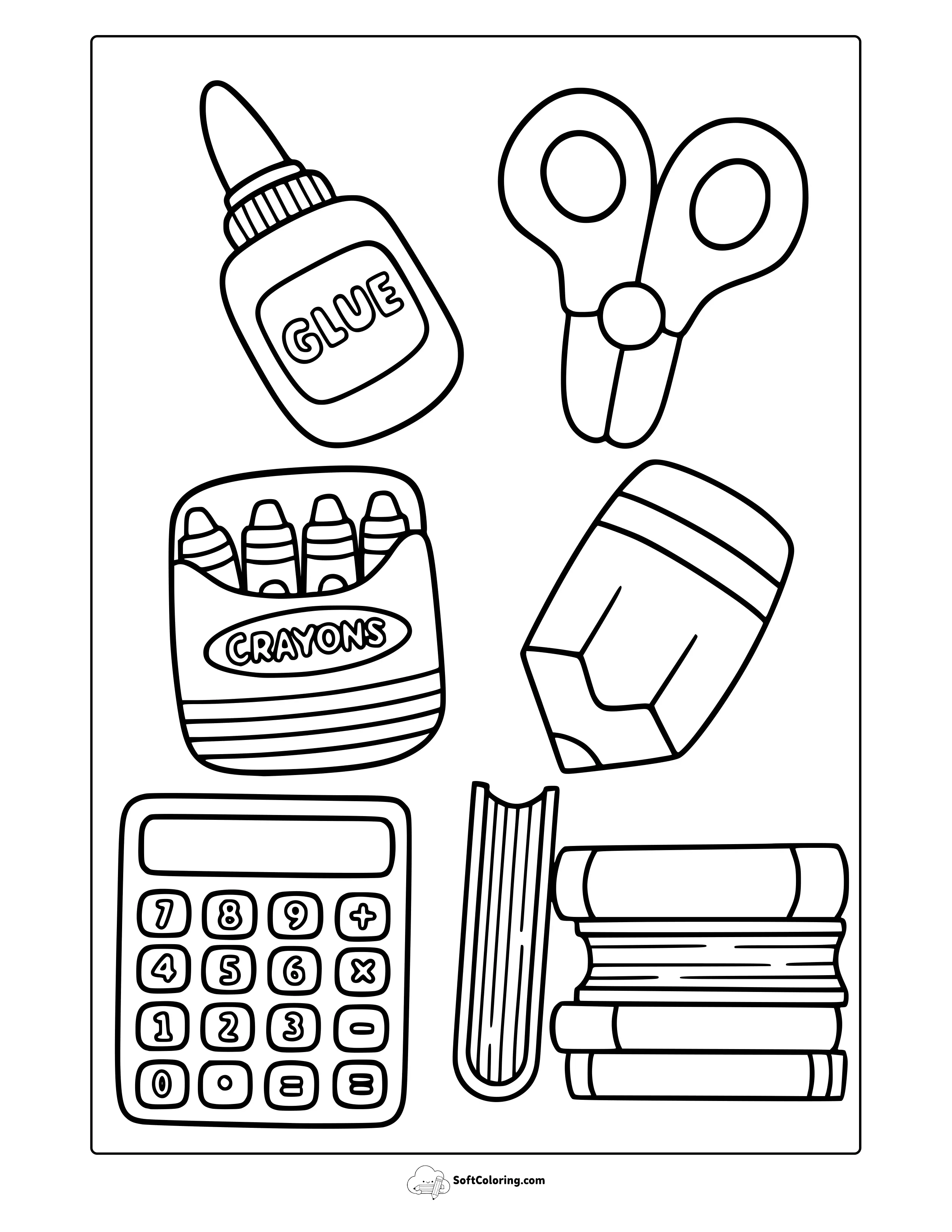 Kawaii School Materials Coloring Page