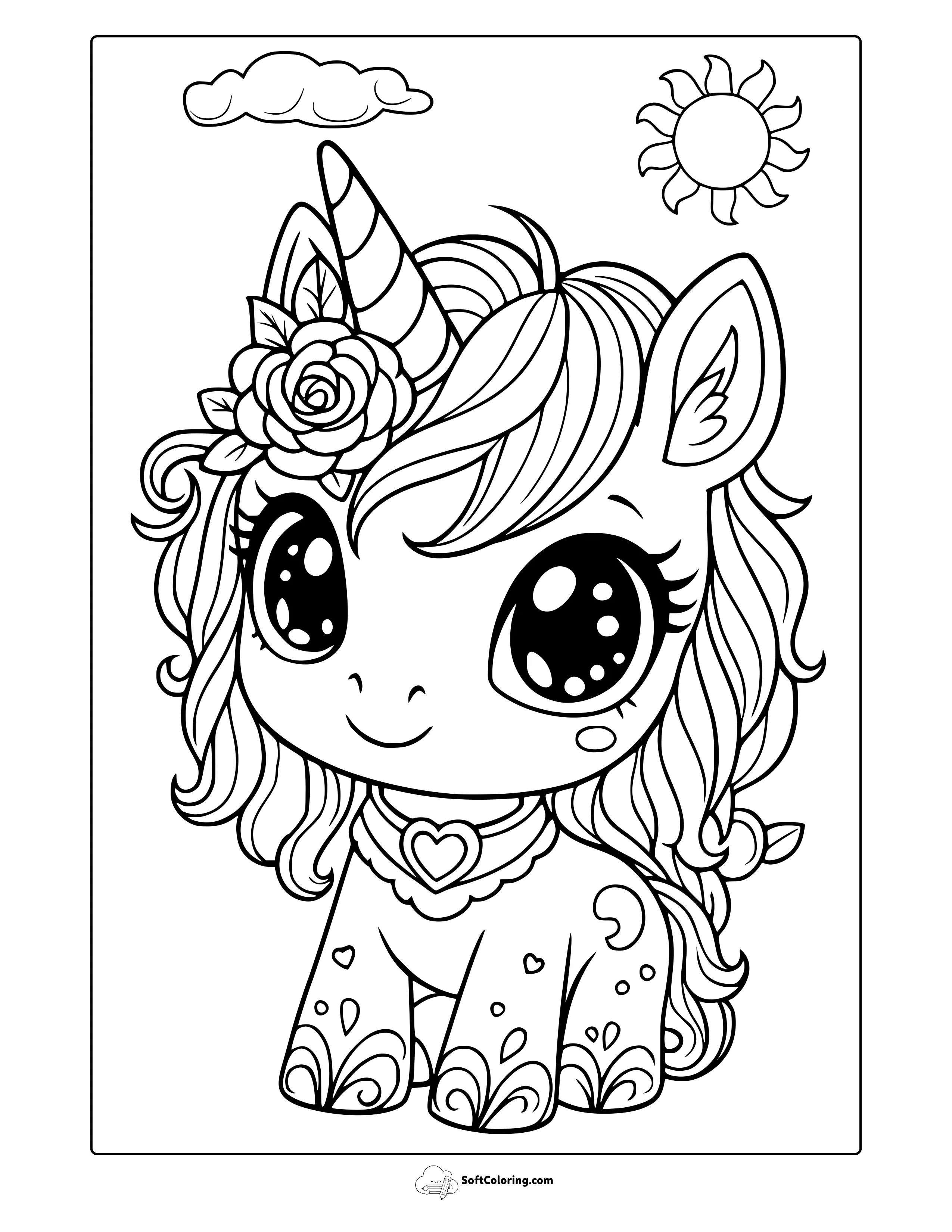 Kawaii Unicorn Coloring Page
