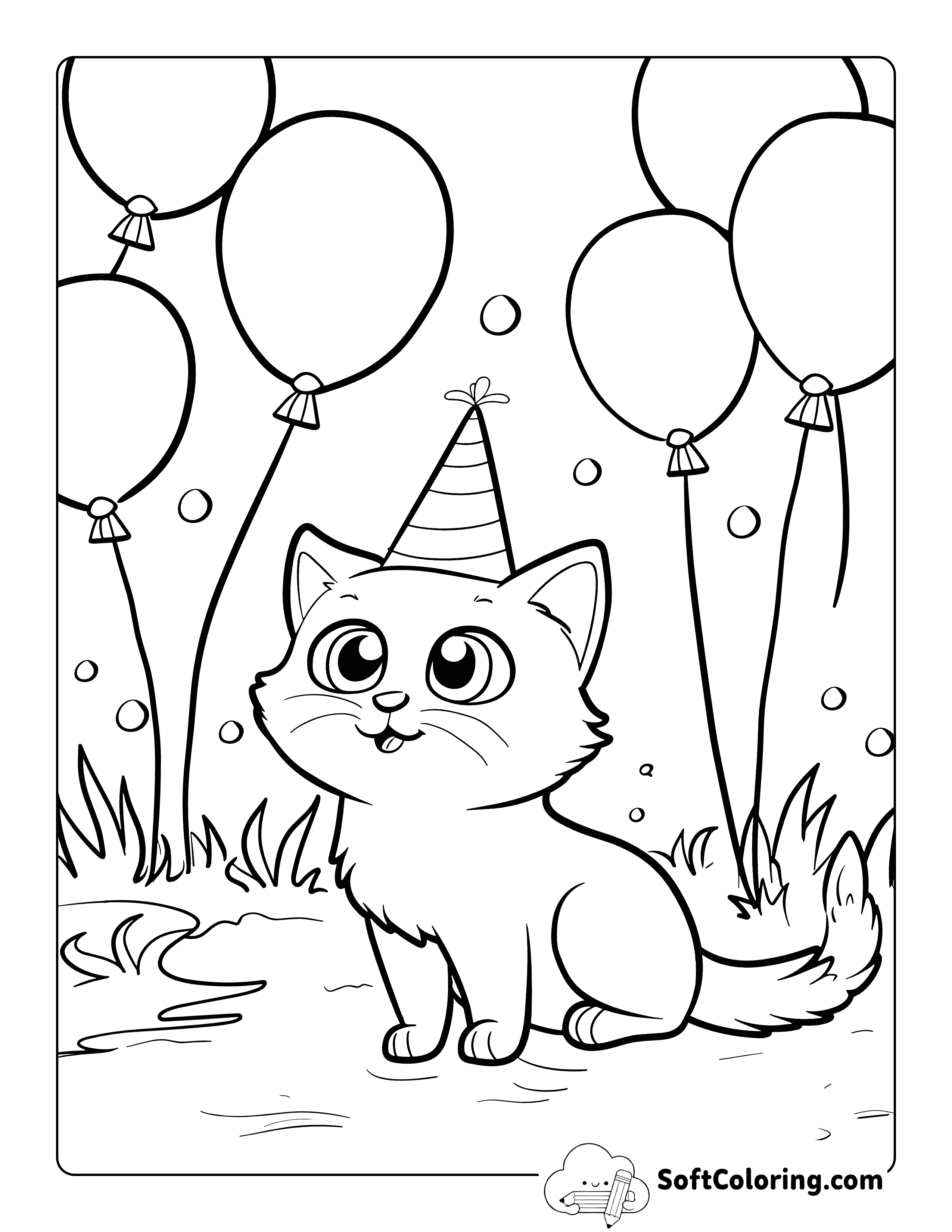Cute Birthday Kitten Scene to Color