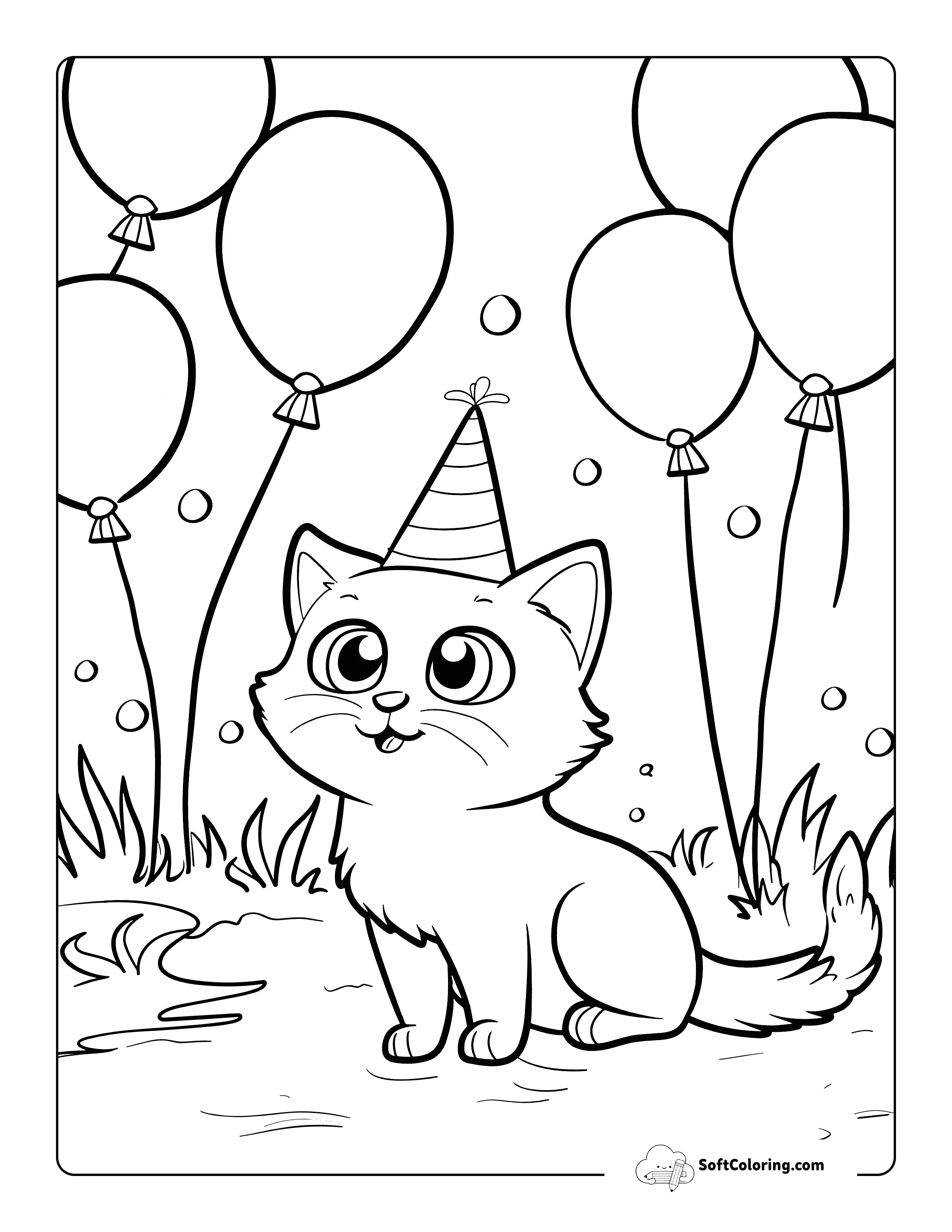 Cute Birthday Kitten Scene To Color