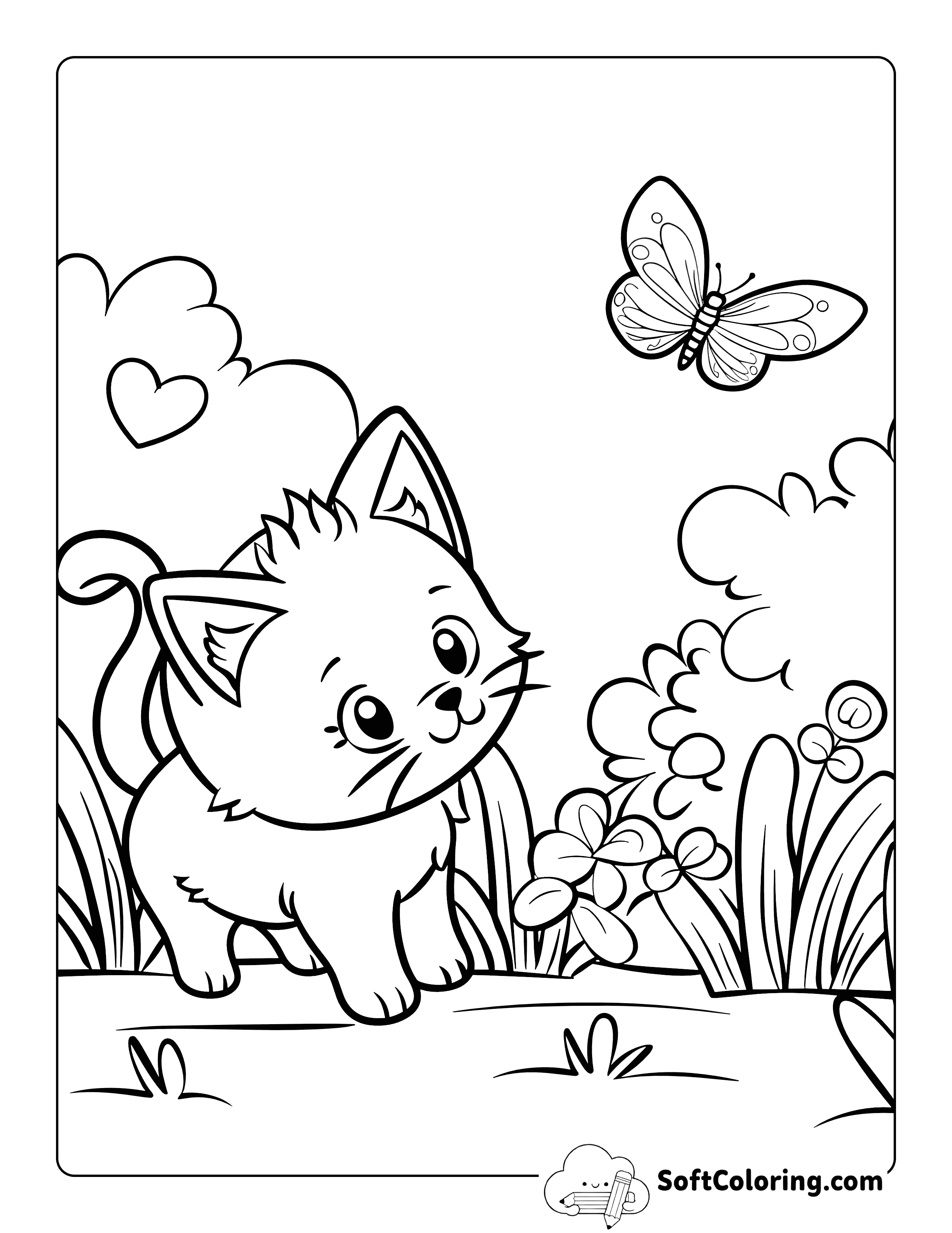 Sweet Kitten Watching Butterfly Coloring Scene