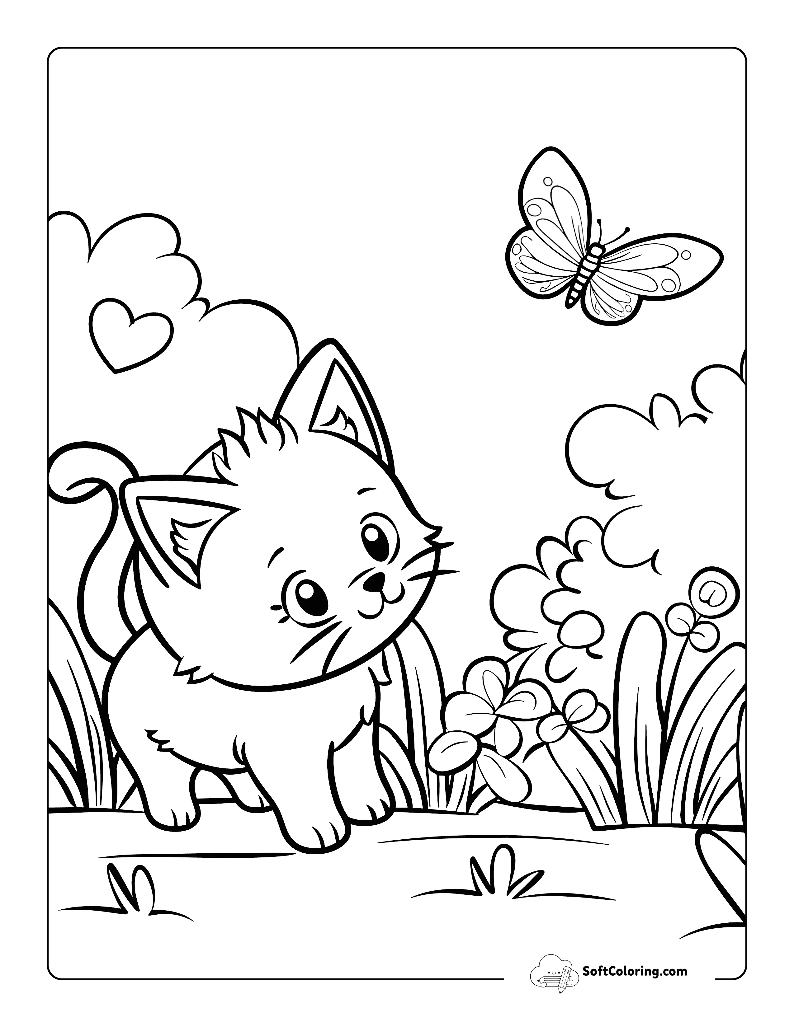Sweet Kitten Watching Butterfly Coloring Scene