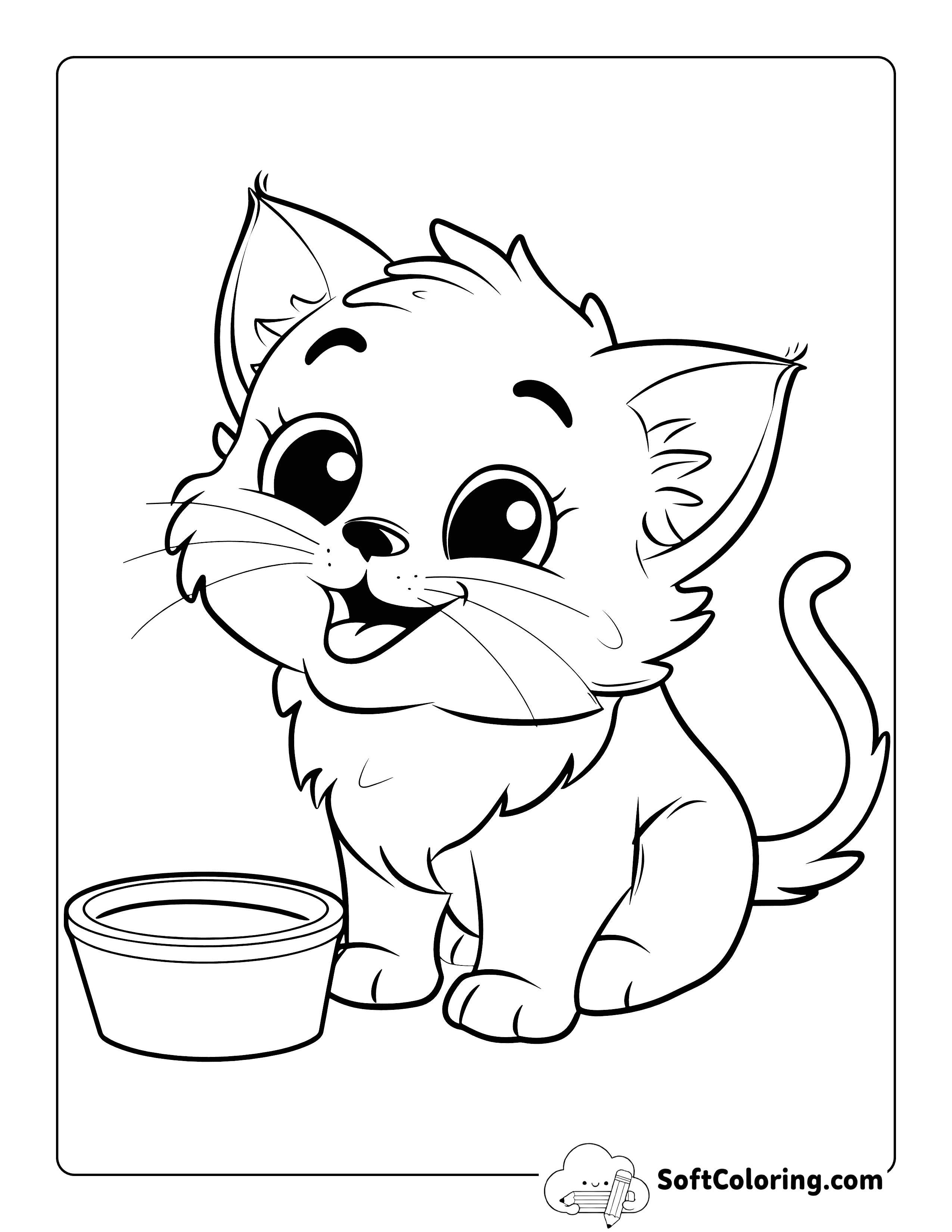 Cute Kitten with Milk Coloring Page