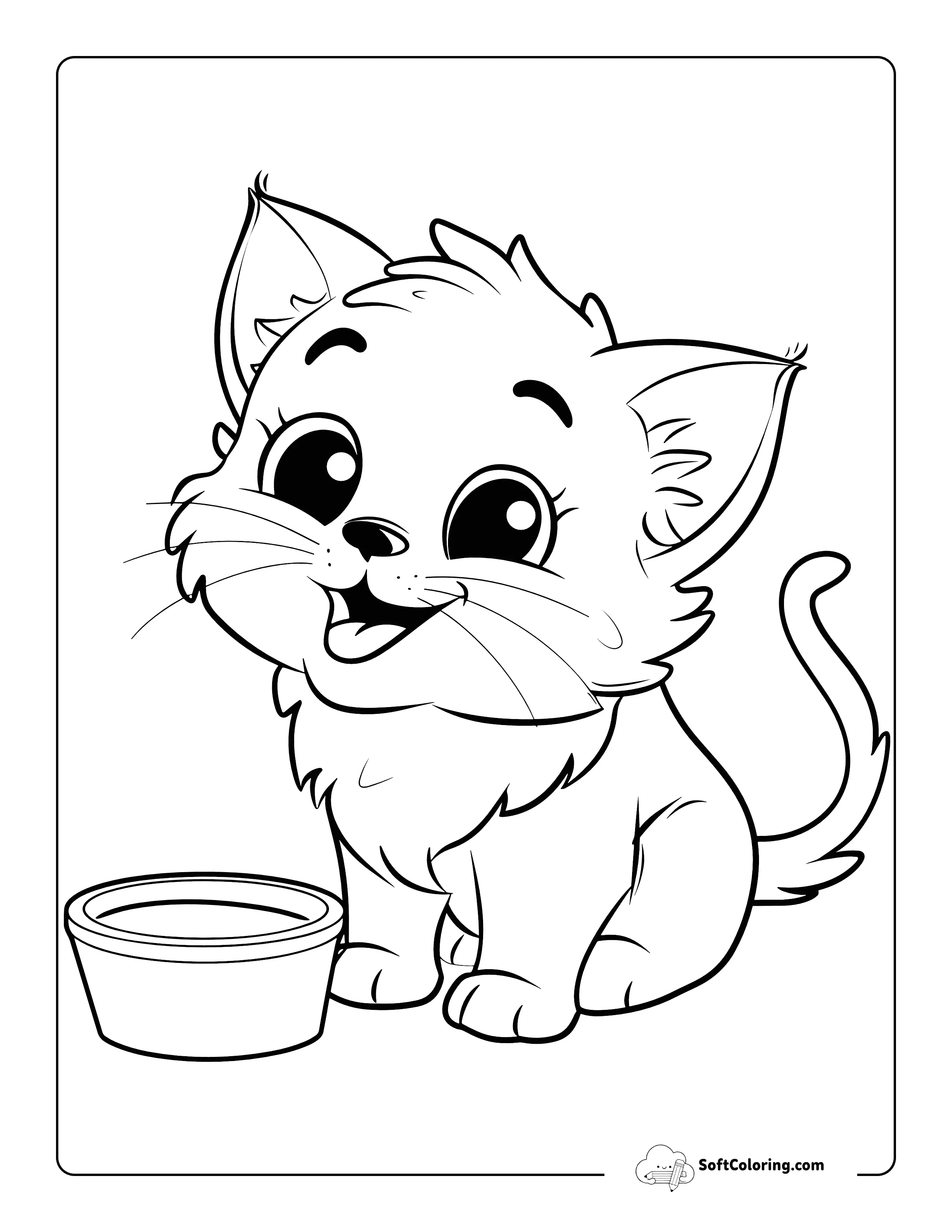 Cute Kitten With Milk Coloring Page