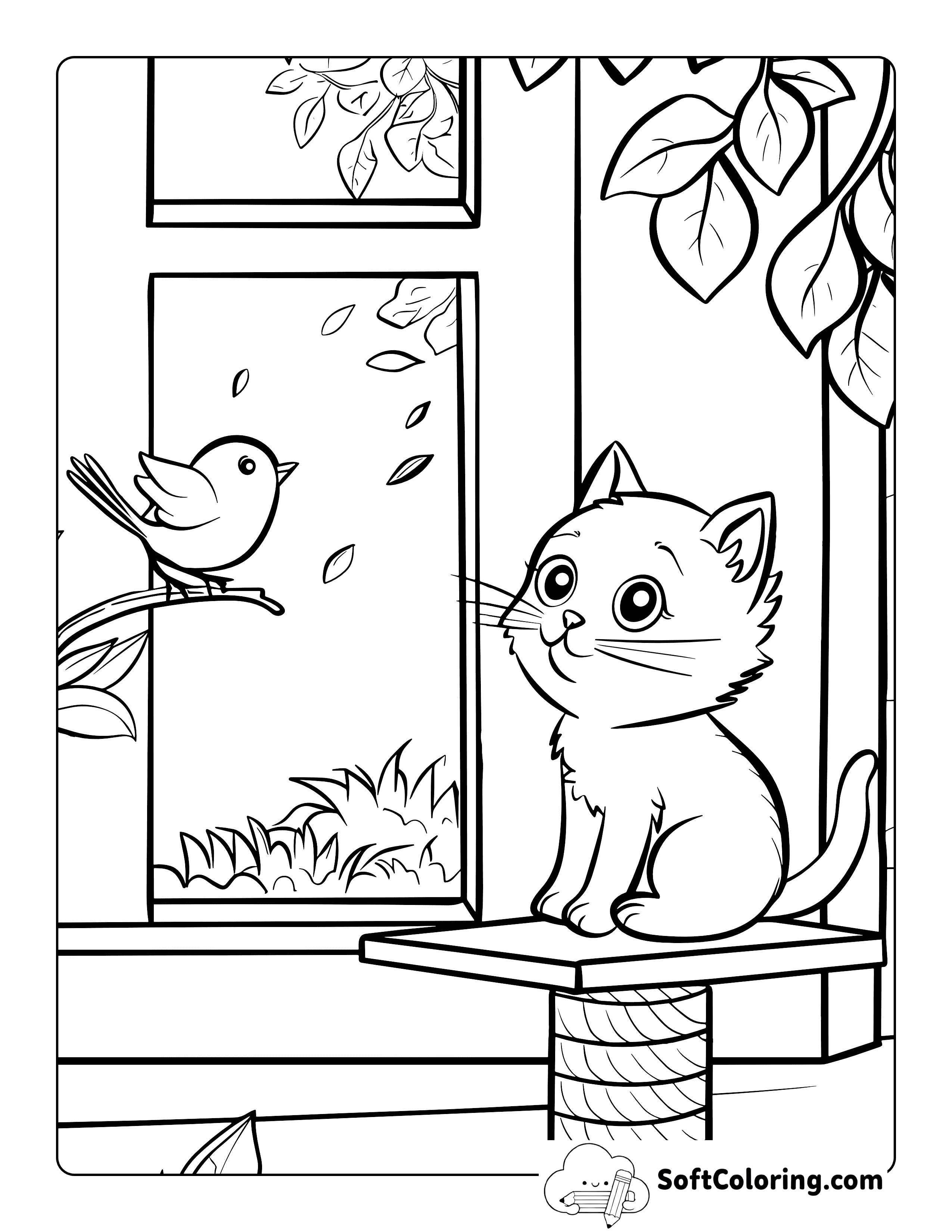 Kitty Watching a Bird Scene to Color