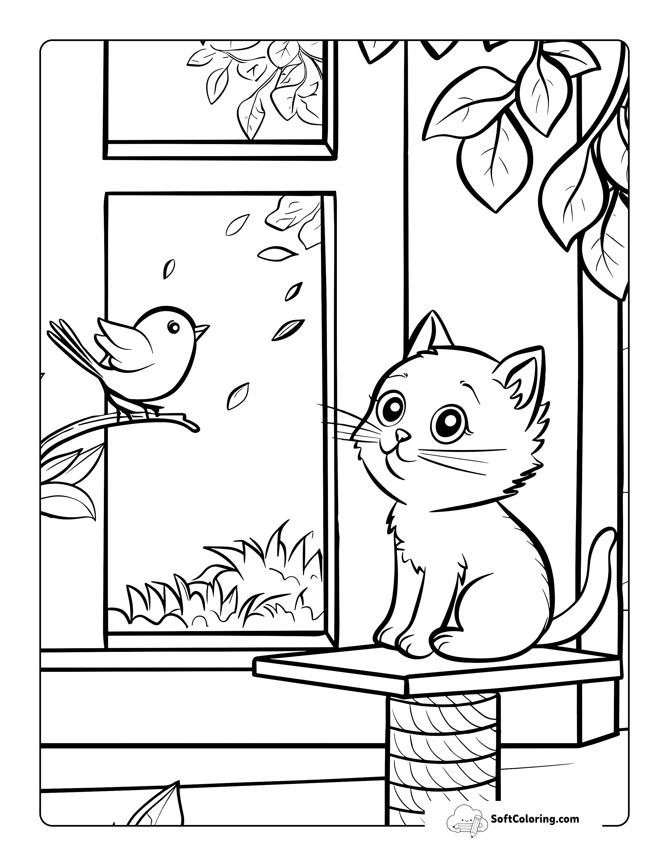 Cat And Bird - Animal Coloring Sheet Printable