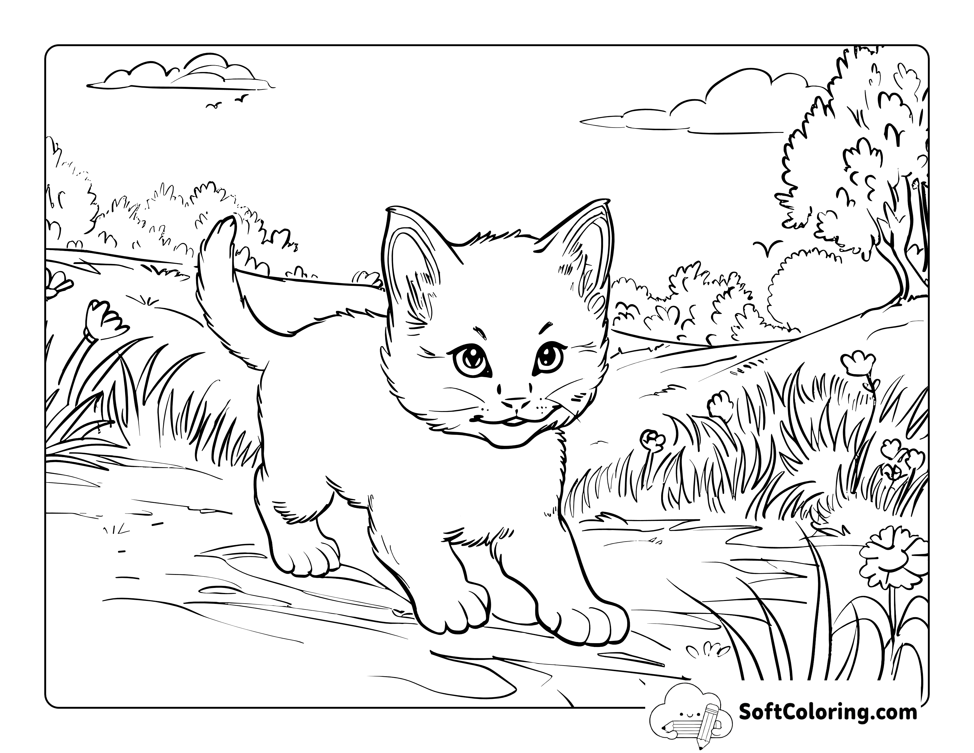 Realistic Kitten in Meadow Coloring Page for Adults
