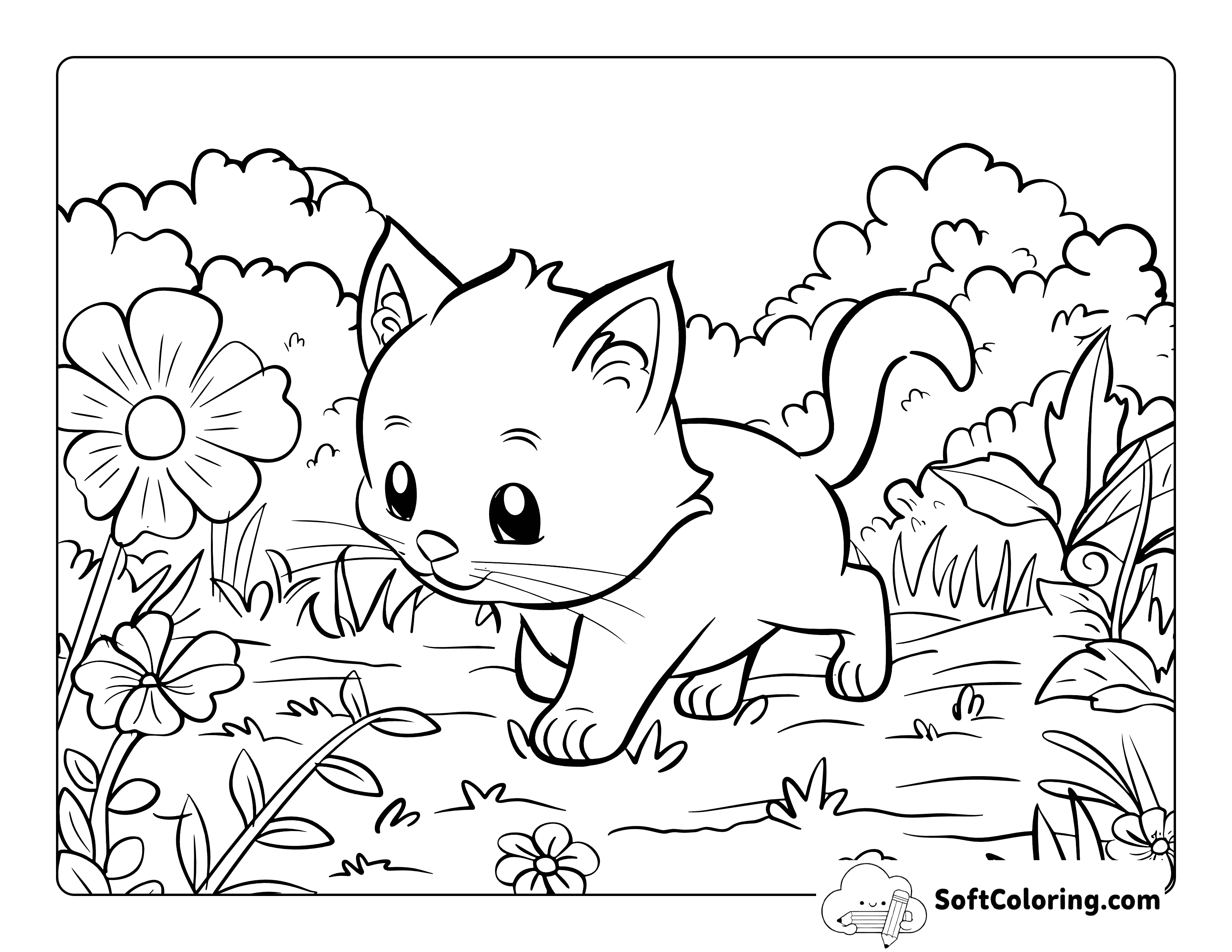 Cartoon Kitten in Meadow Coloring Page for Kids