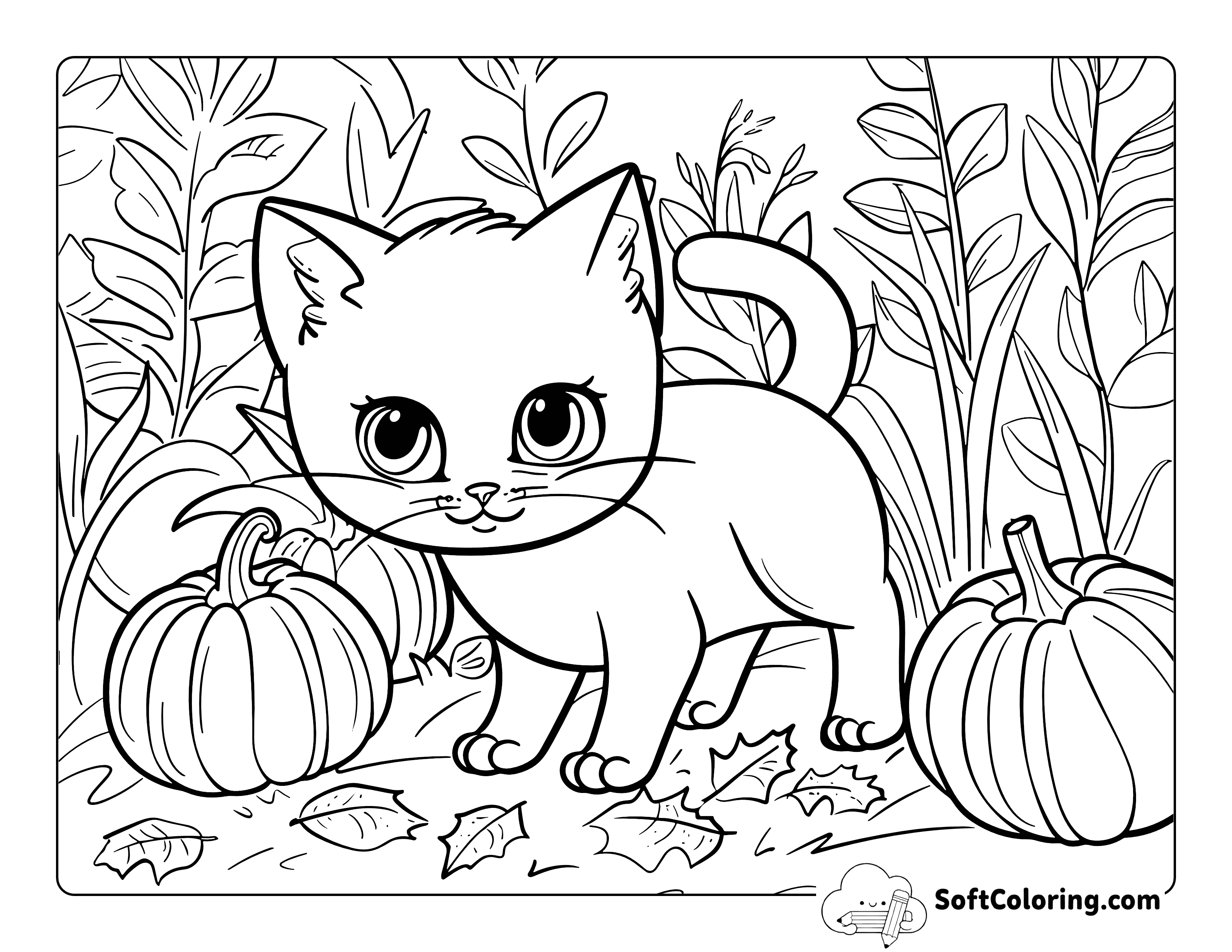 Pumpkin Patch Kitten Coloring Sheet for Kids