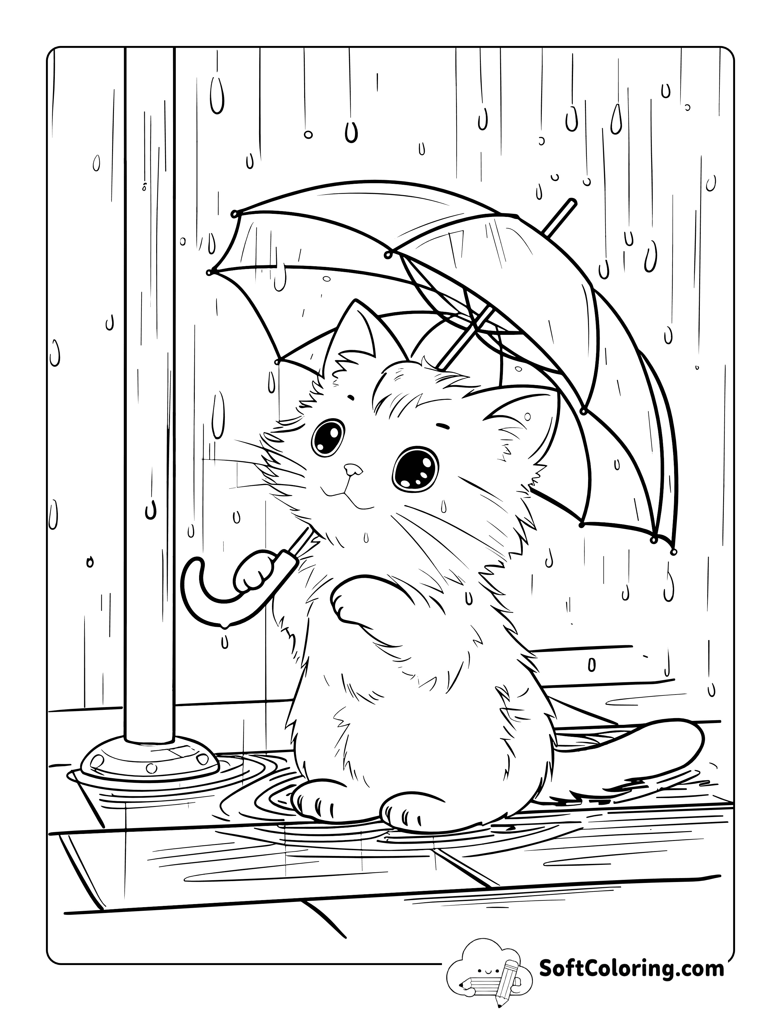 Kitten in the Rain Coloring Page for Kids and Adults