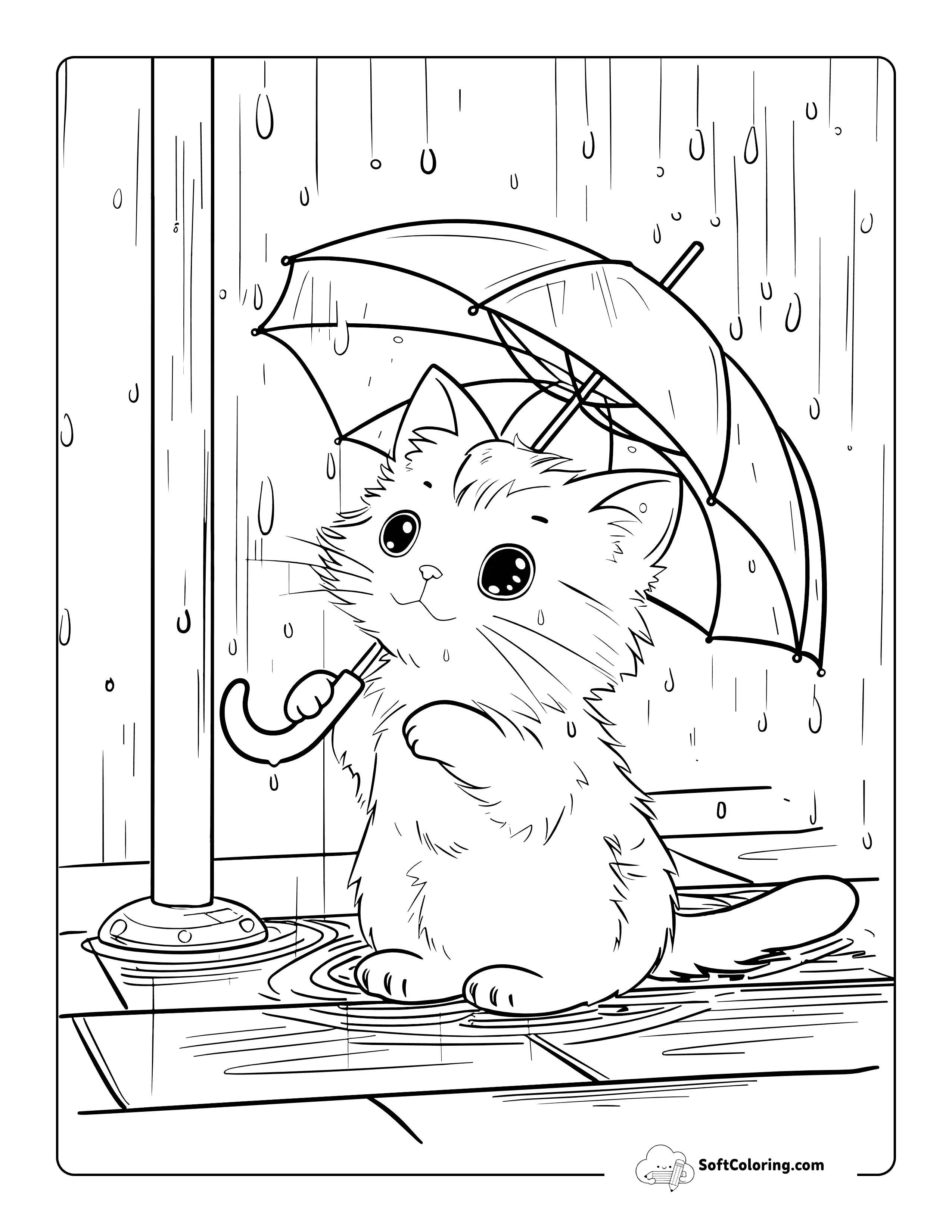 Kitten In The Rain Coloring Page For Kids And Adults