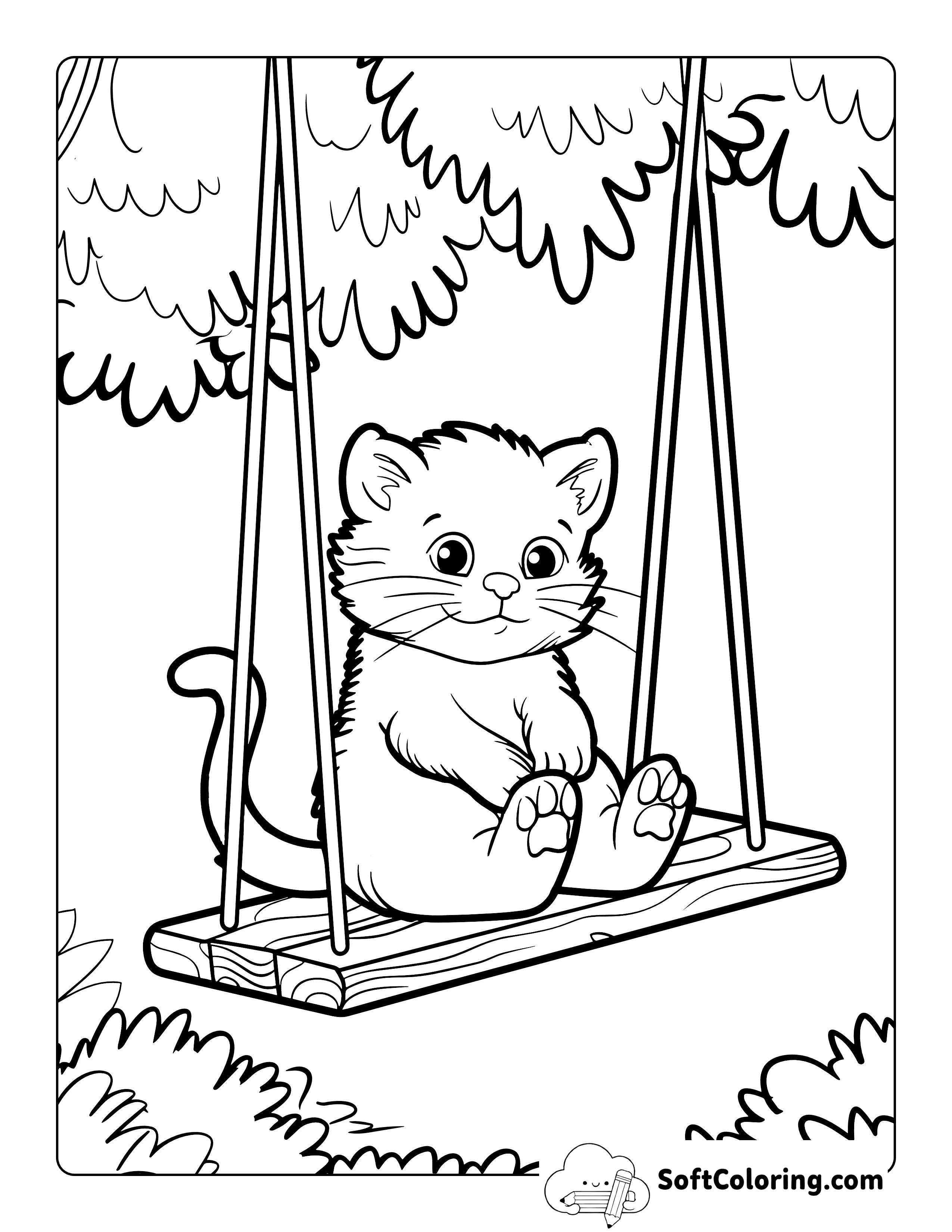 Kitten on a Swing Coloring Sheet