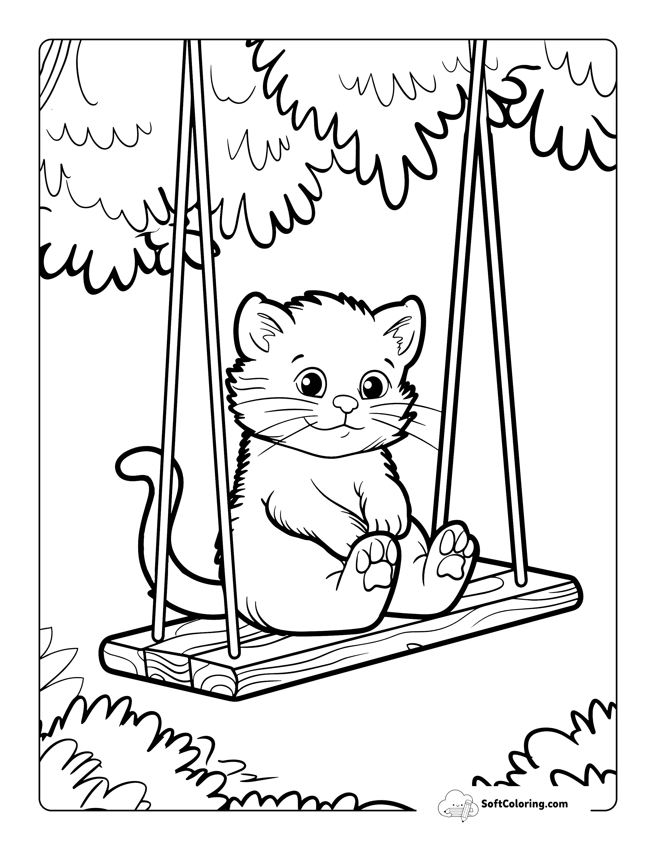 Kitten On A Swing Coloring Sheet