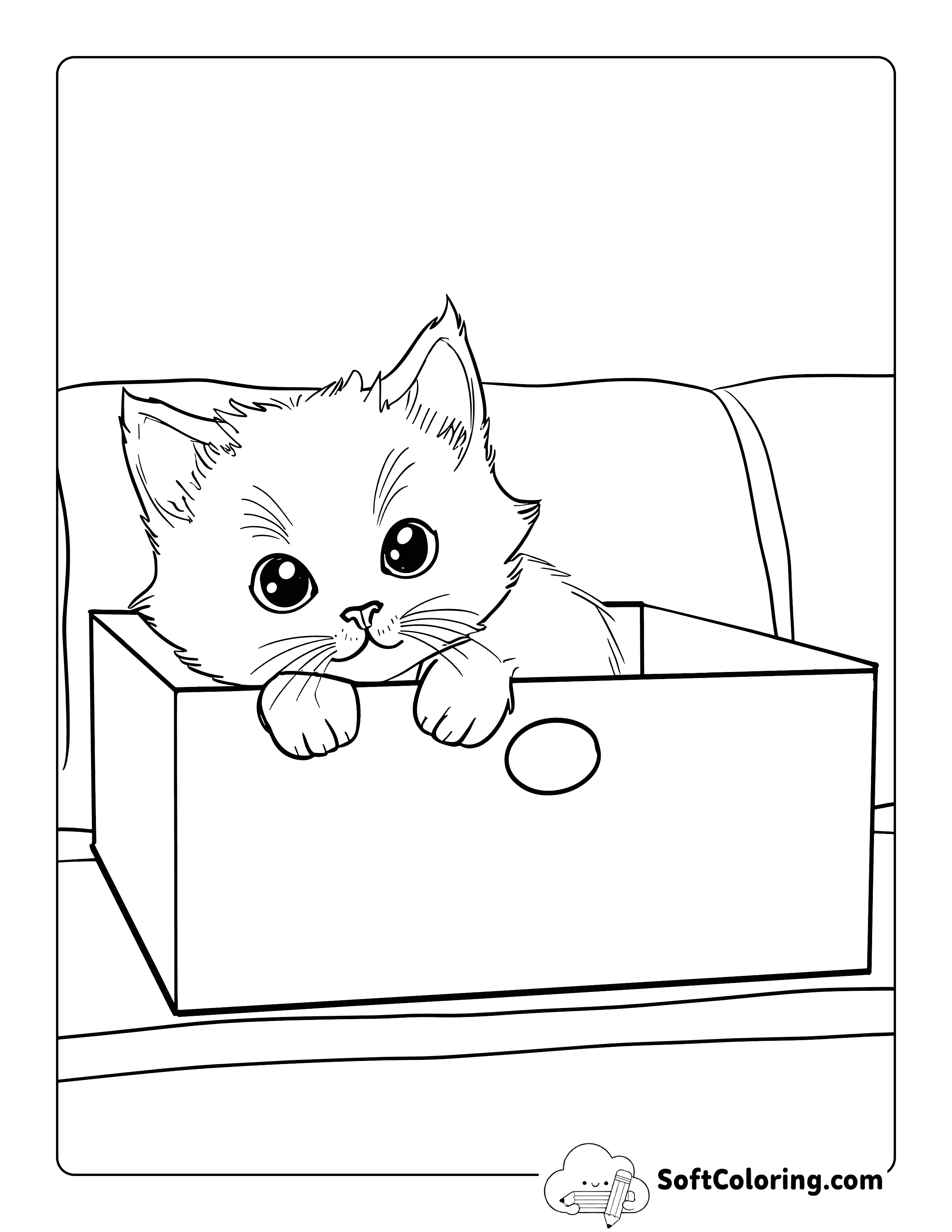 Playing in Empty Box Kitten Coloring Page