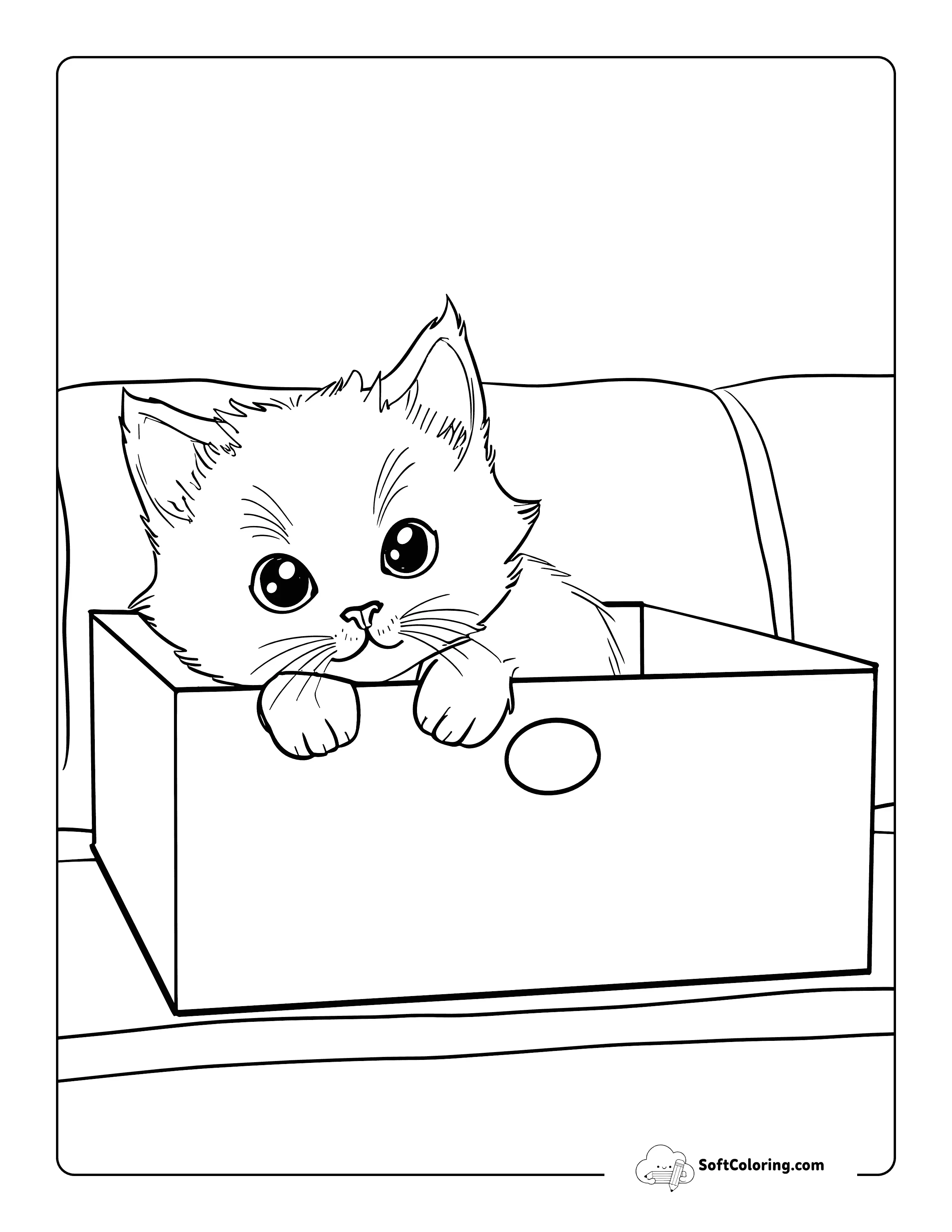 Playing In Empty Box Kitten Coloring Page