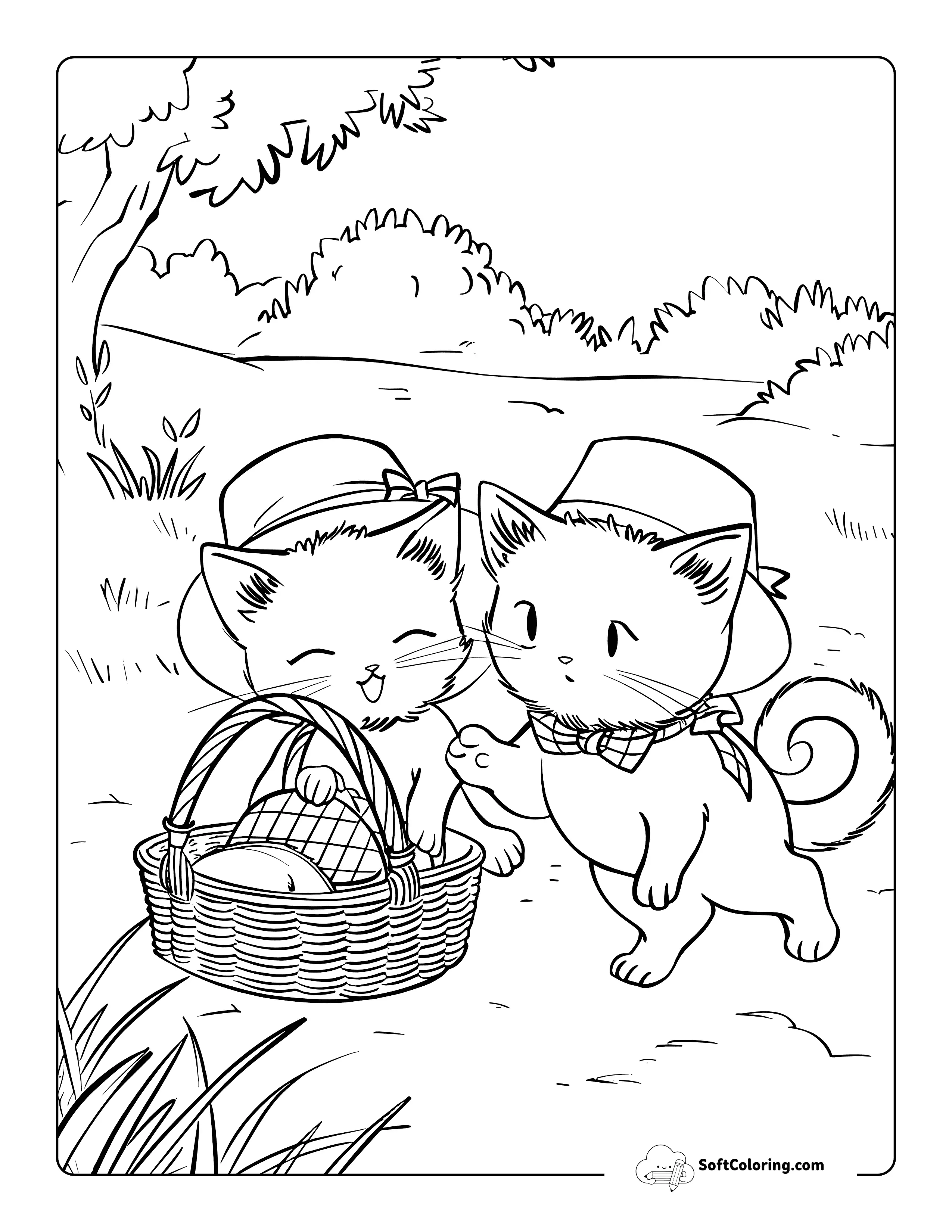 Kittens Having A Picnic Coloring Sheet For Teens And Adults