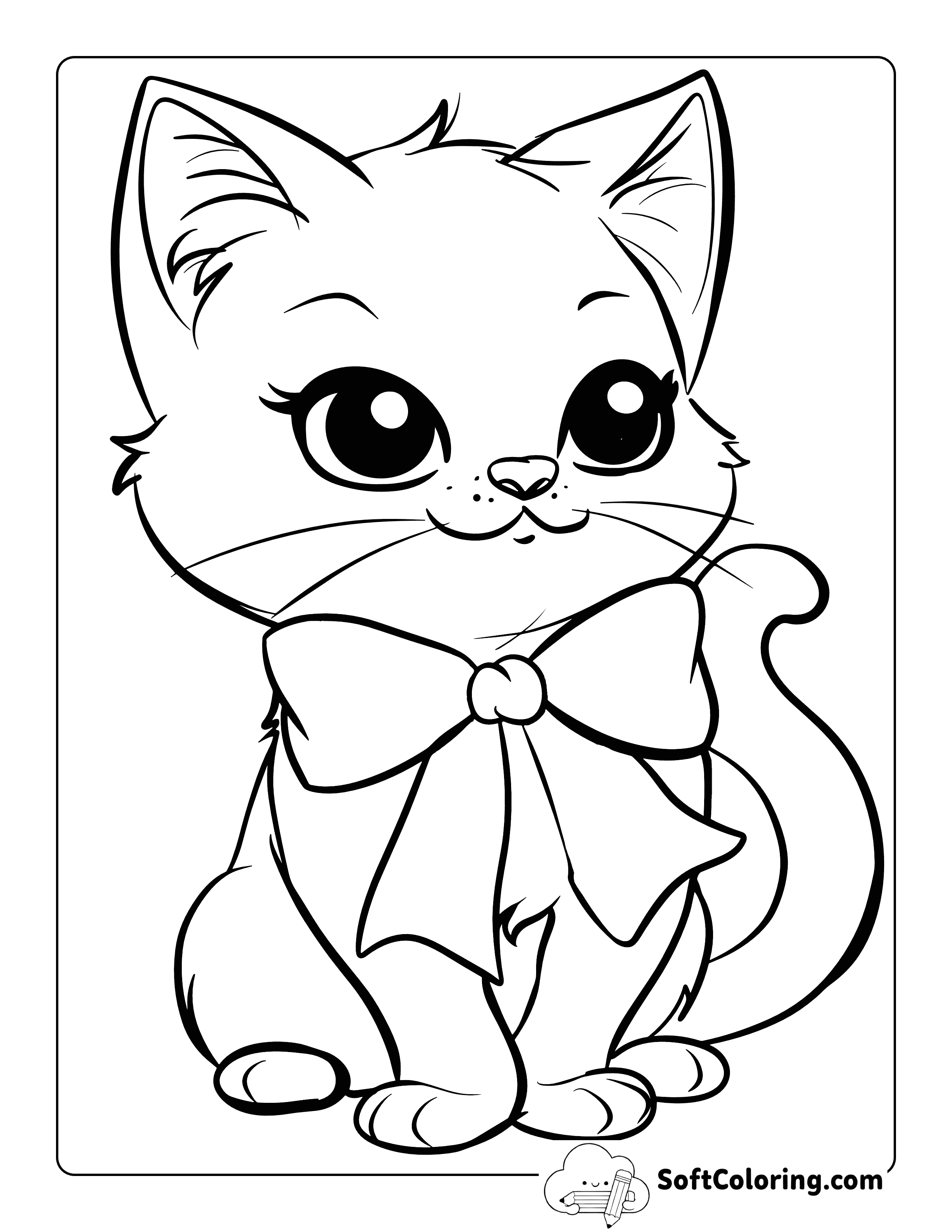 Cute Kitten Wearing Bow Coloring Sheet for Kids