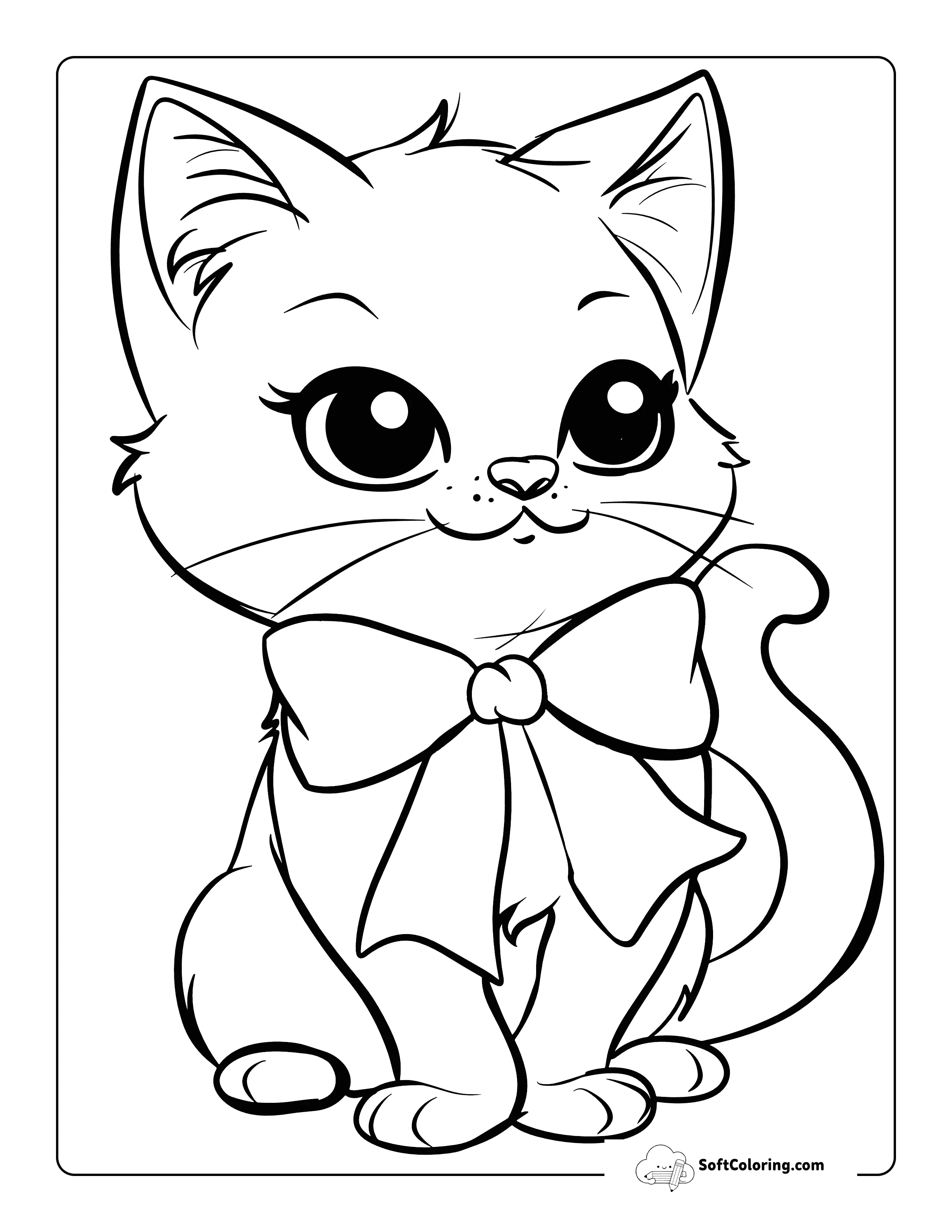 Cute Kitten Wearing Bow Coloring Sheet For Kids