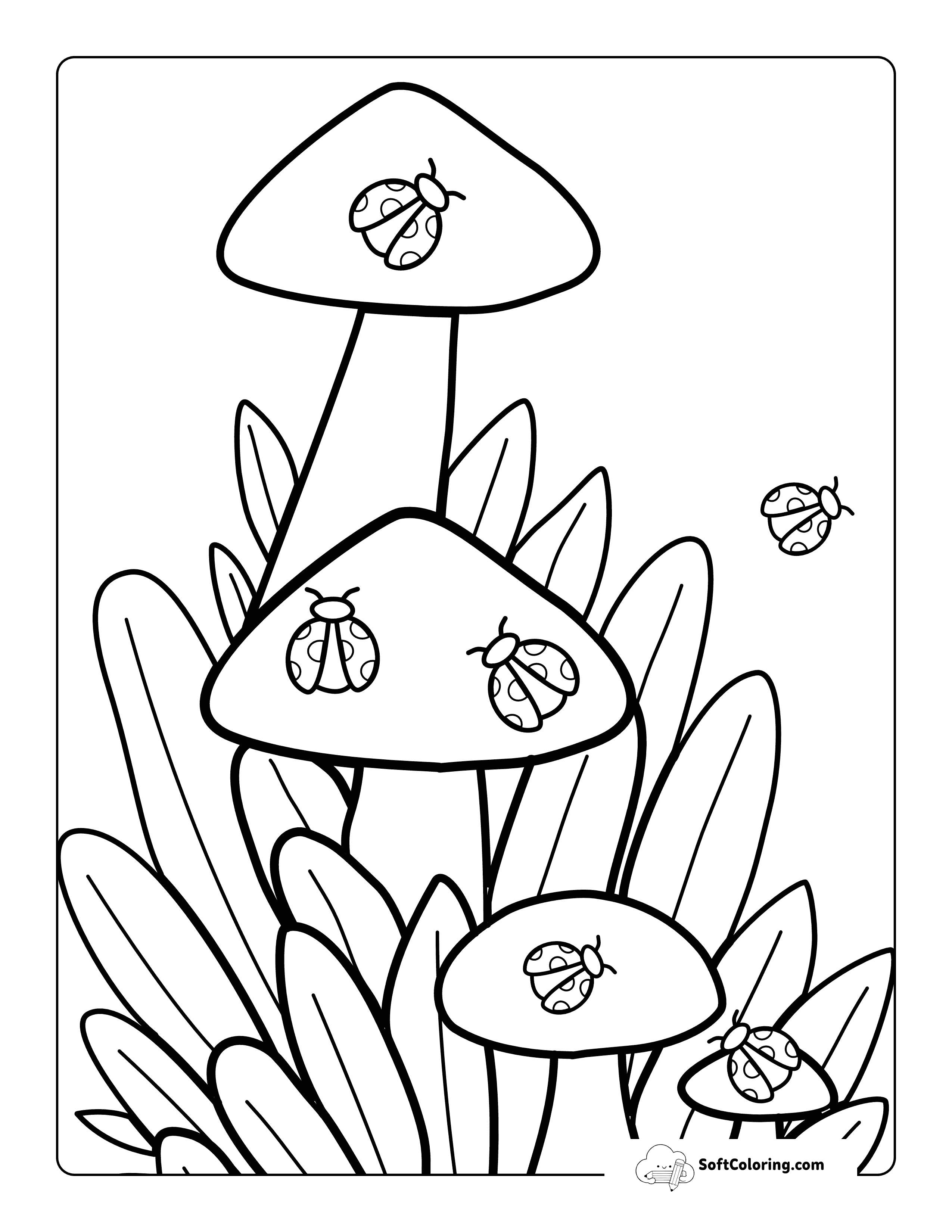 Cute Ladybugs On Mushrooms Coloring Sheet