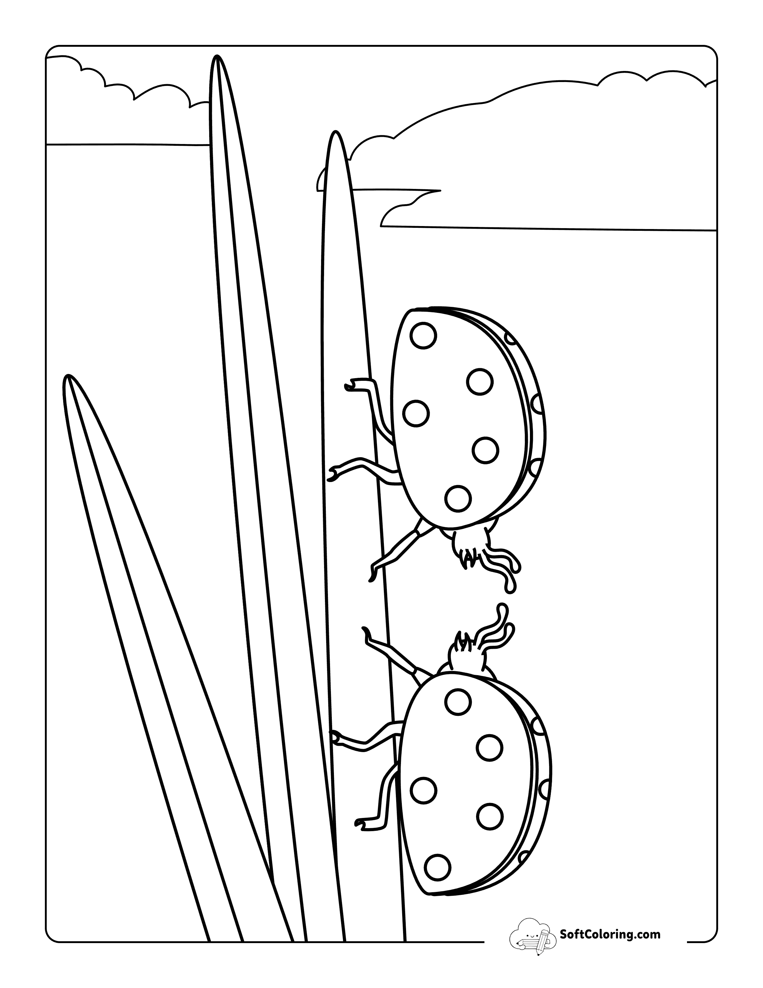Simple Ladybugs Climbing Grass Coloring Sheet