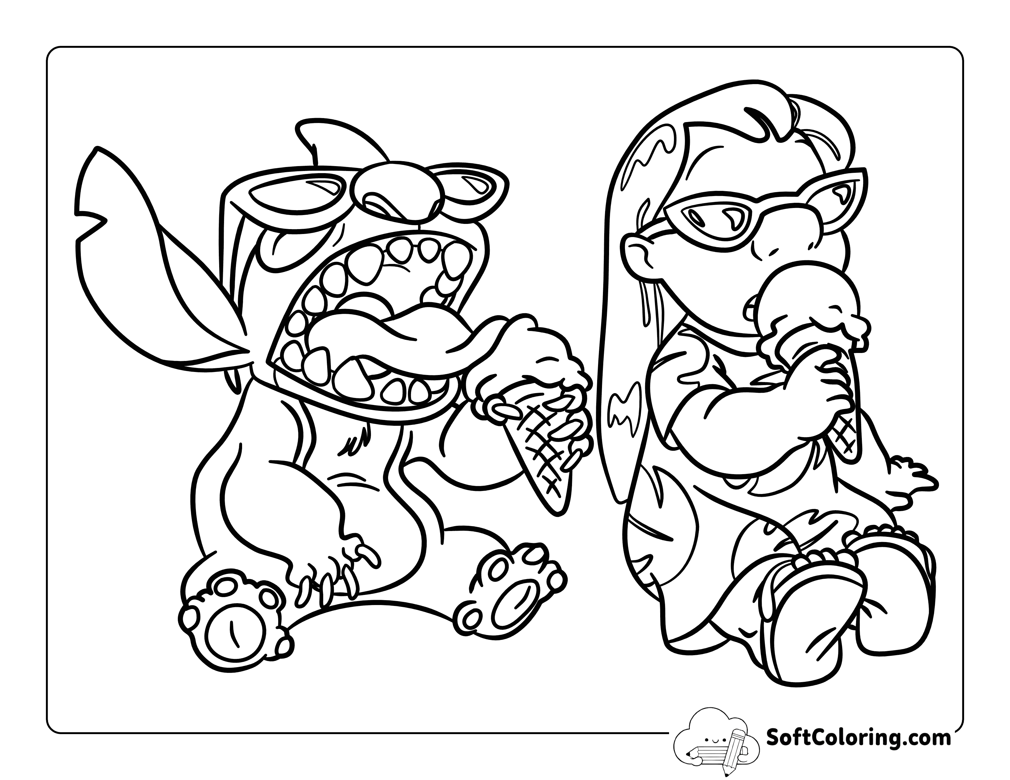 Cute Lilo and Stitch-Inspired Coloring Page Eating Ice Cream