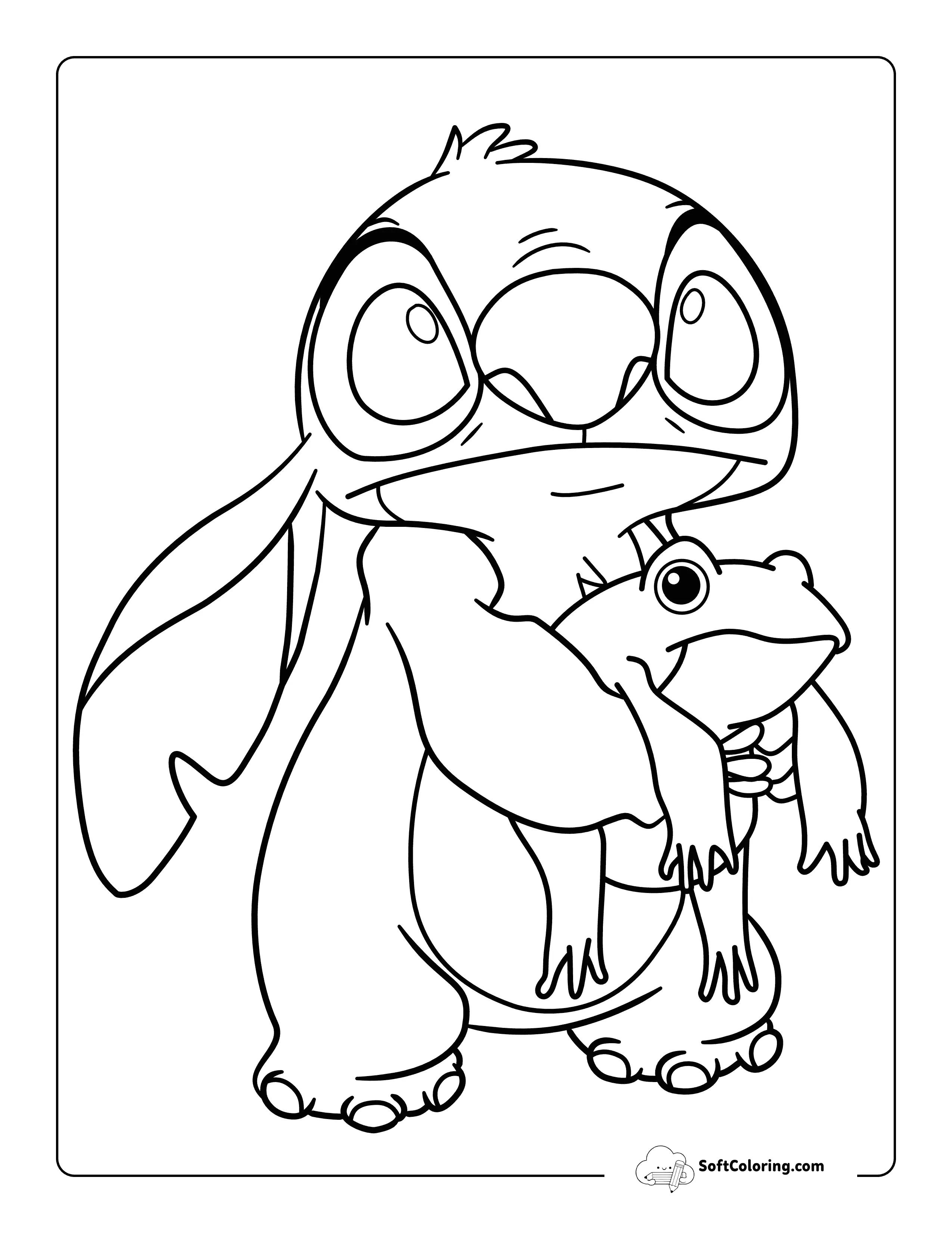 Cute Stitch-Inspired Coloring Page Holding Frog