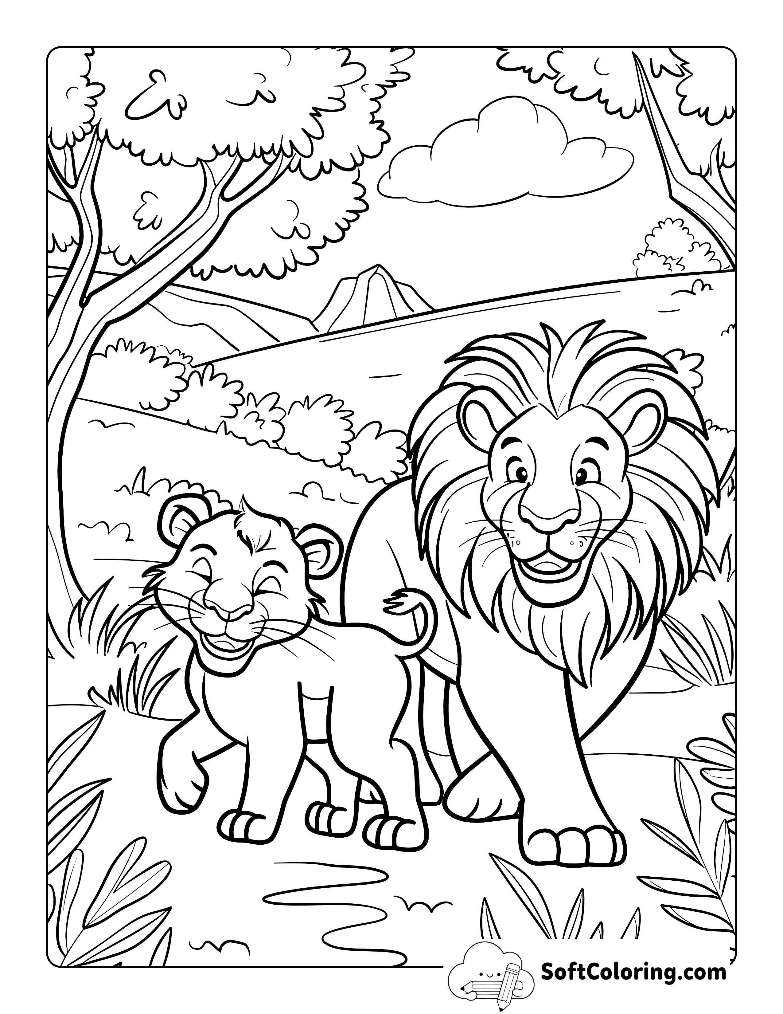 Lion Father and Cub Coloring Sheet for Kids