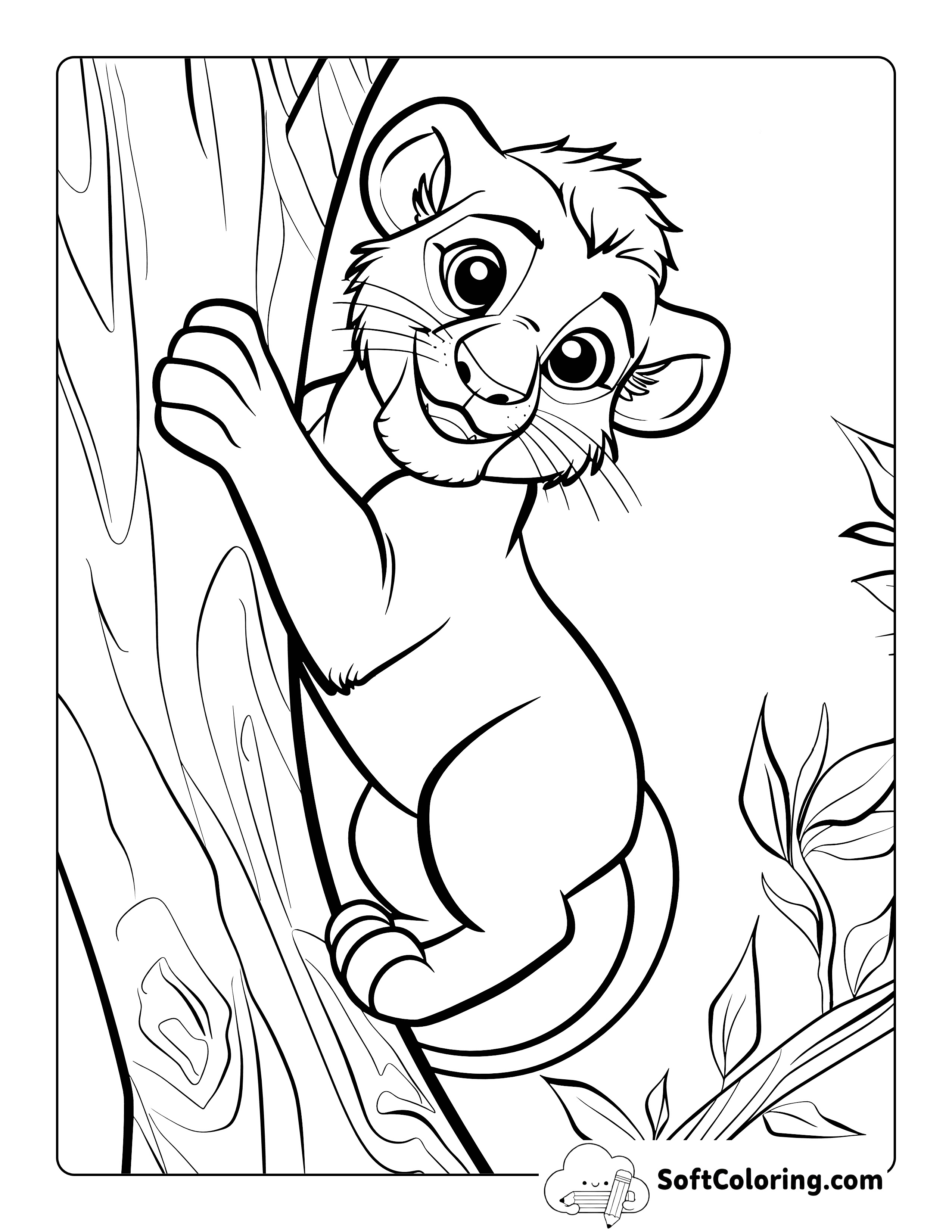 Cute Lion Cub Climbing Tree Coloring Sheet