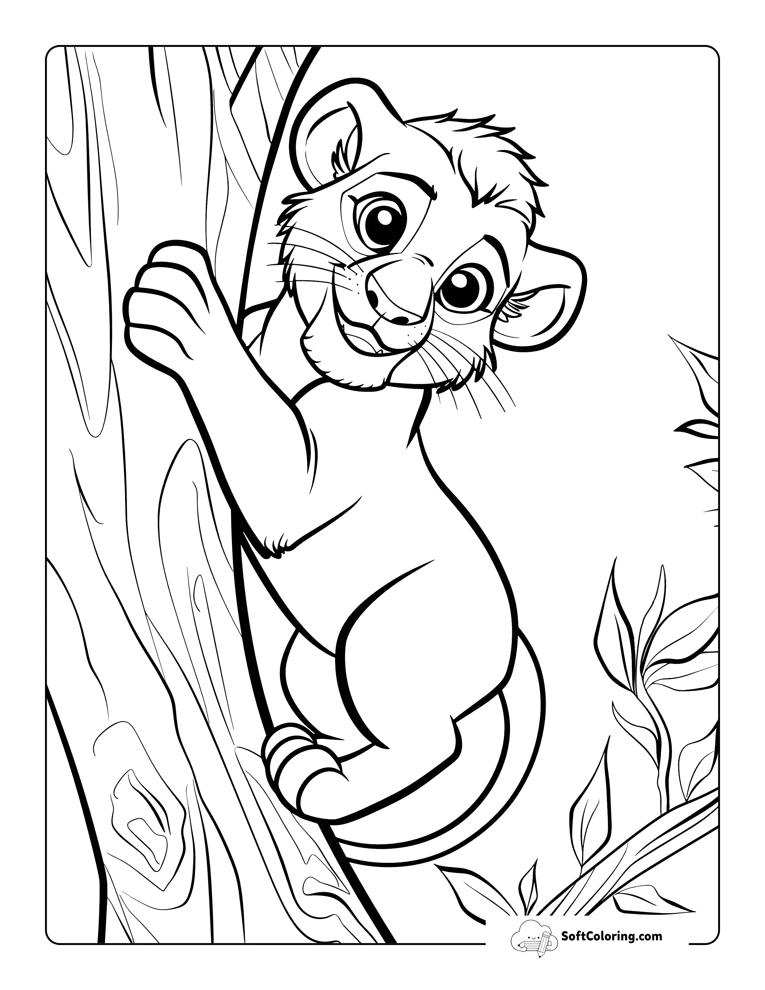 Cute Lion Cub Climbing Tree Coloring Sheet