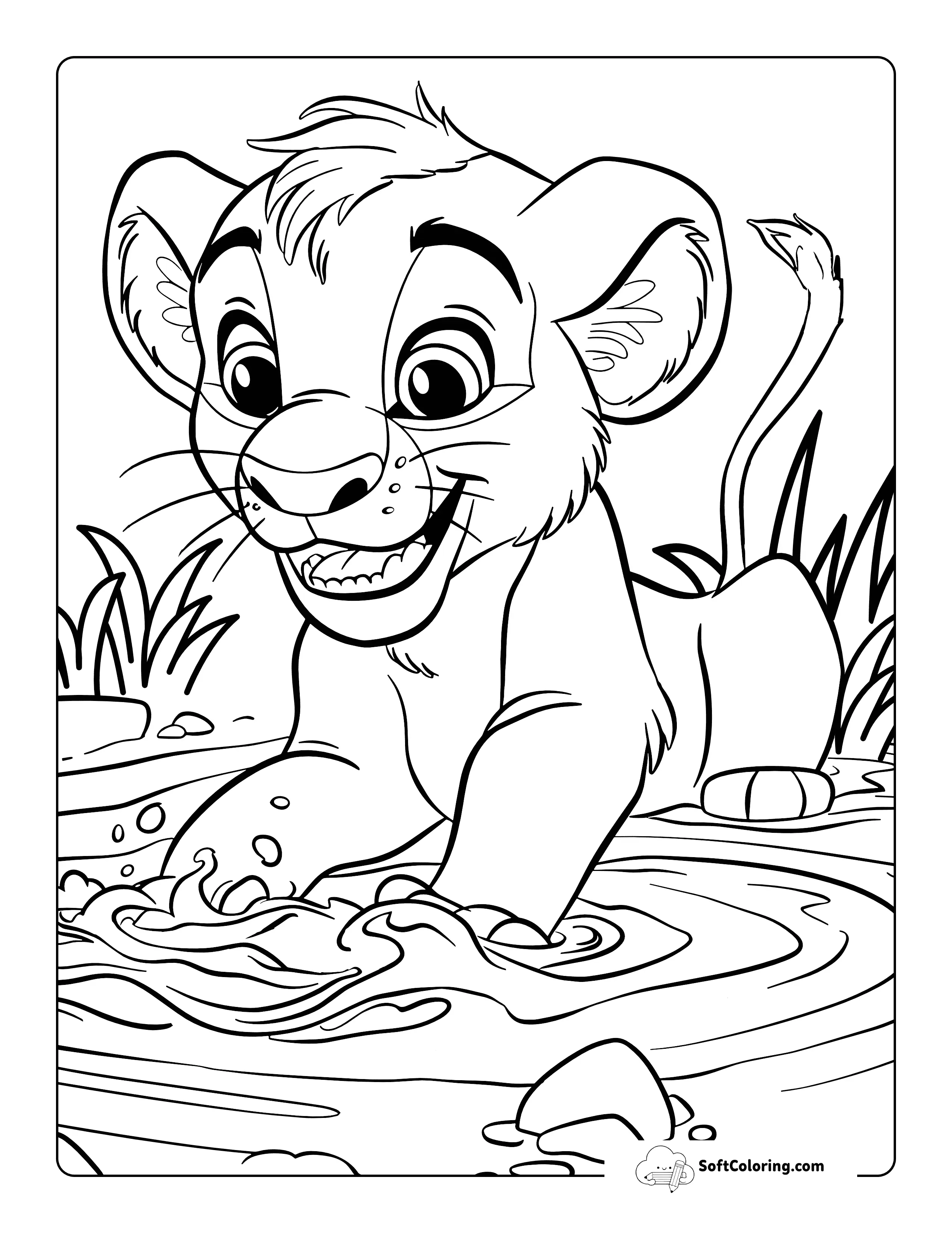 Cub Playing In Water Printable Lion Coloring Page