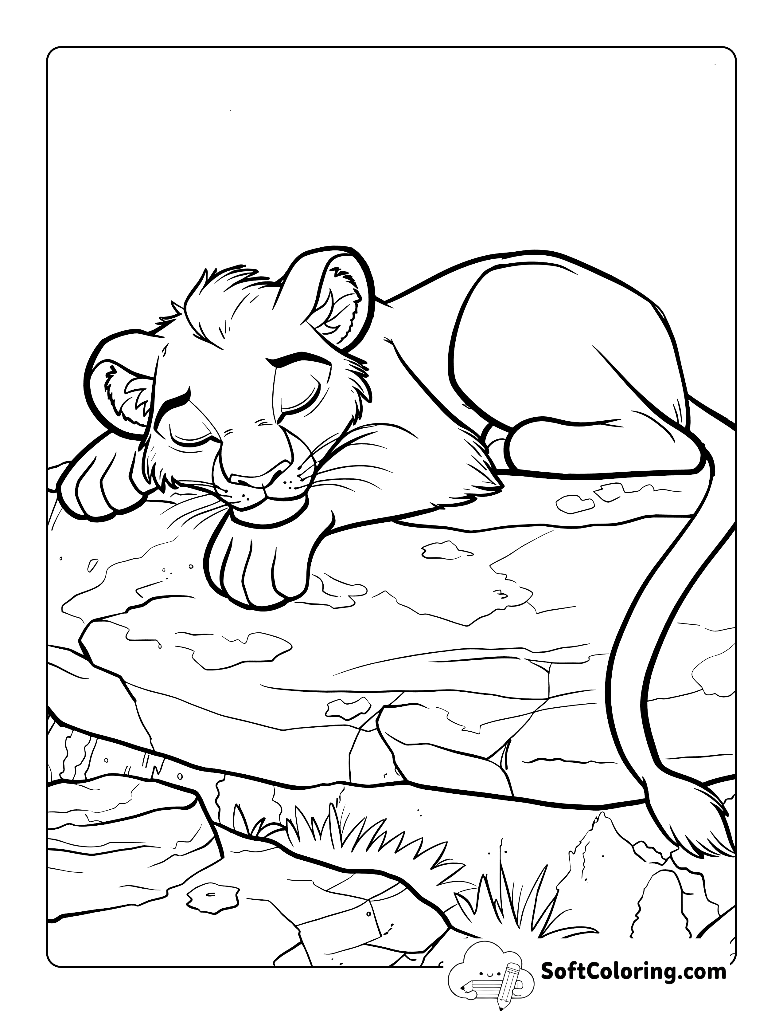 Napping Lion Cute Coloring Sheet for Kids