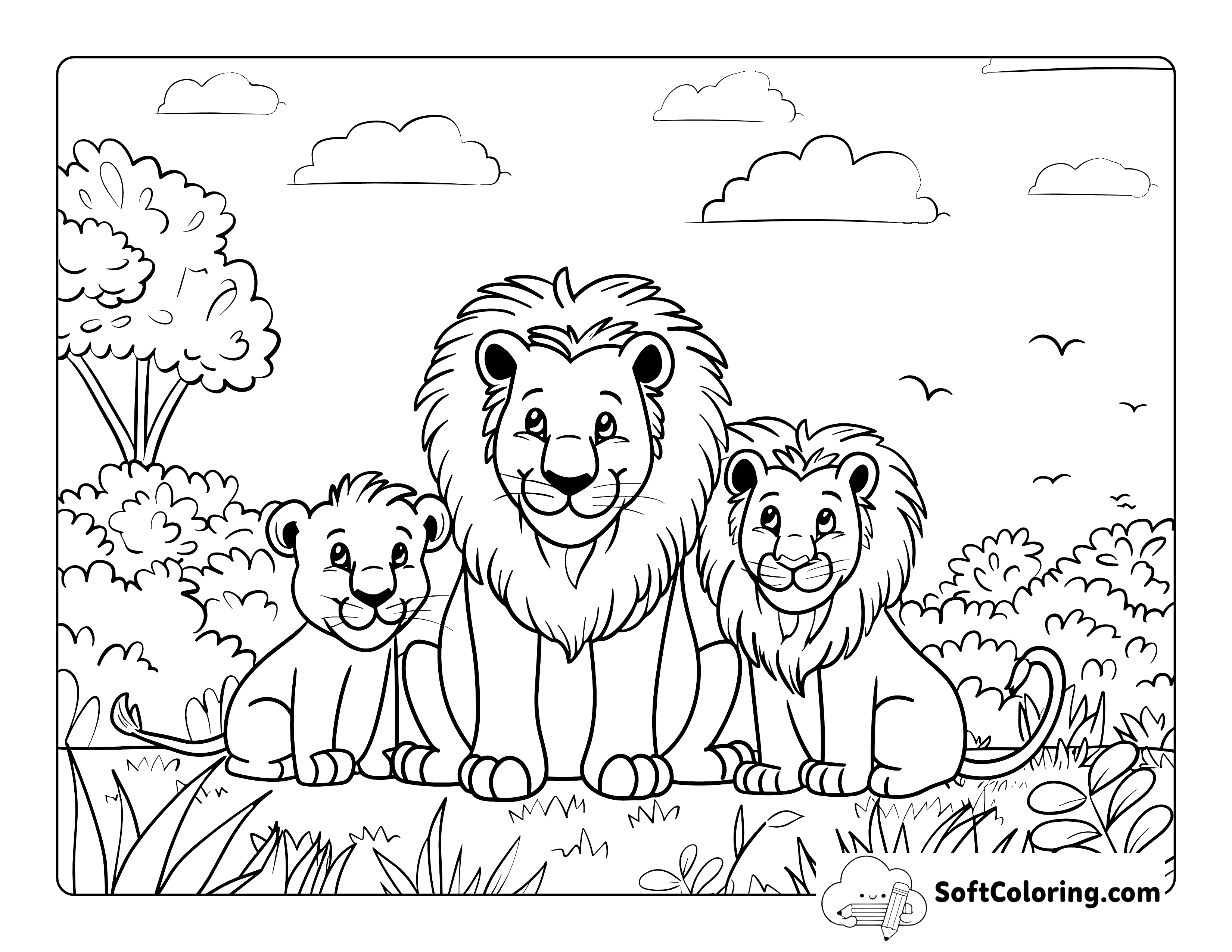 Happy Lion Family Coloring Page for Kids