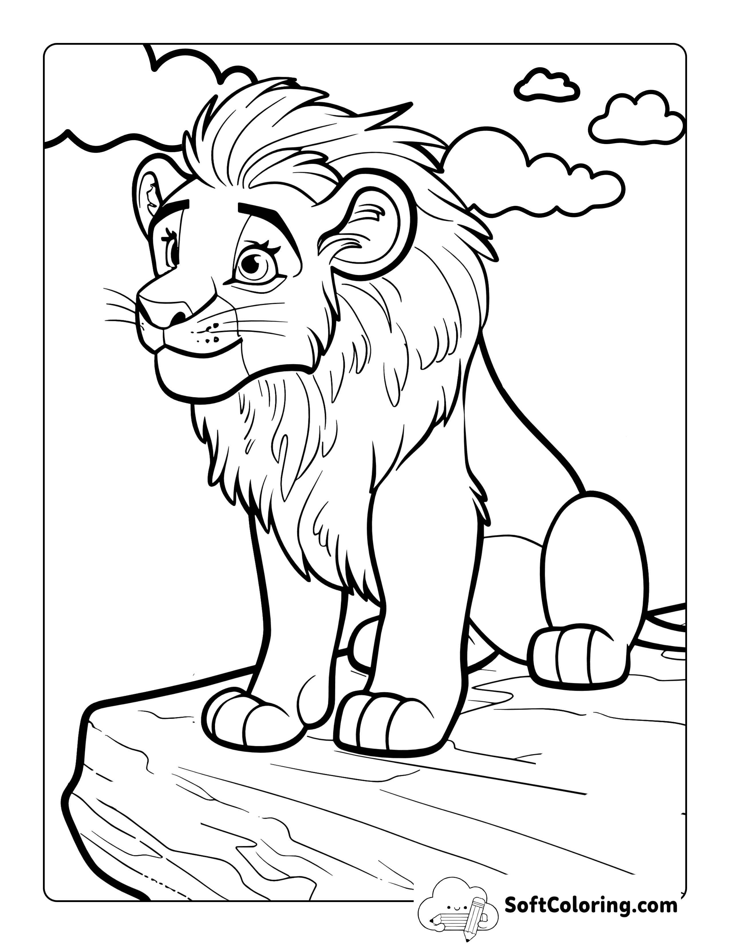 Cute Lion on Cliff Easy Coloring Page