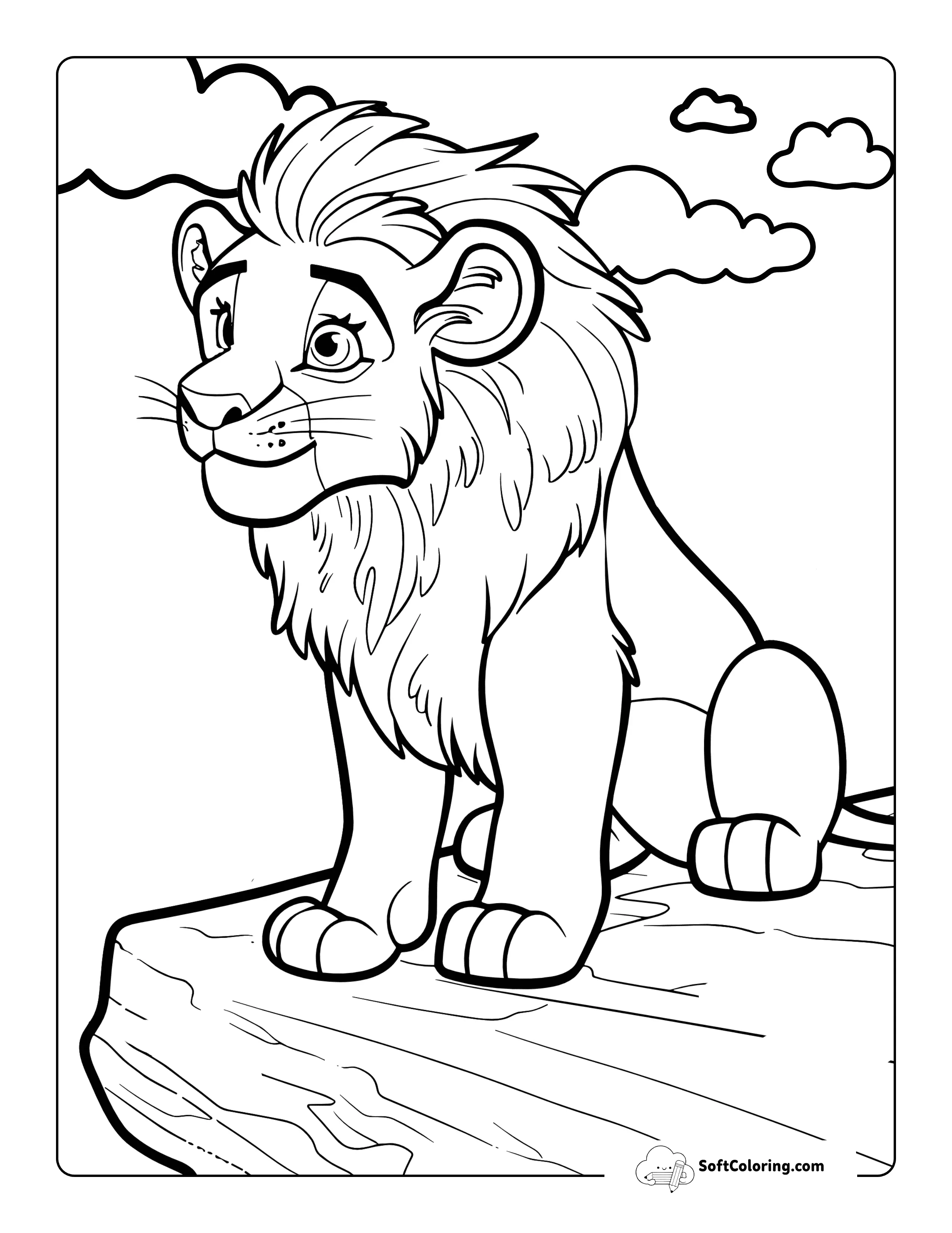 Cute Lion On Cliff Easy Coloring Page