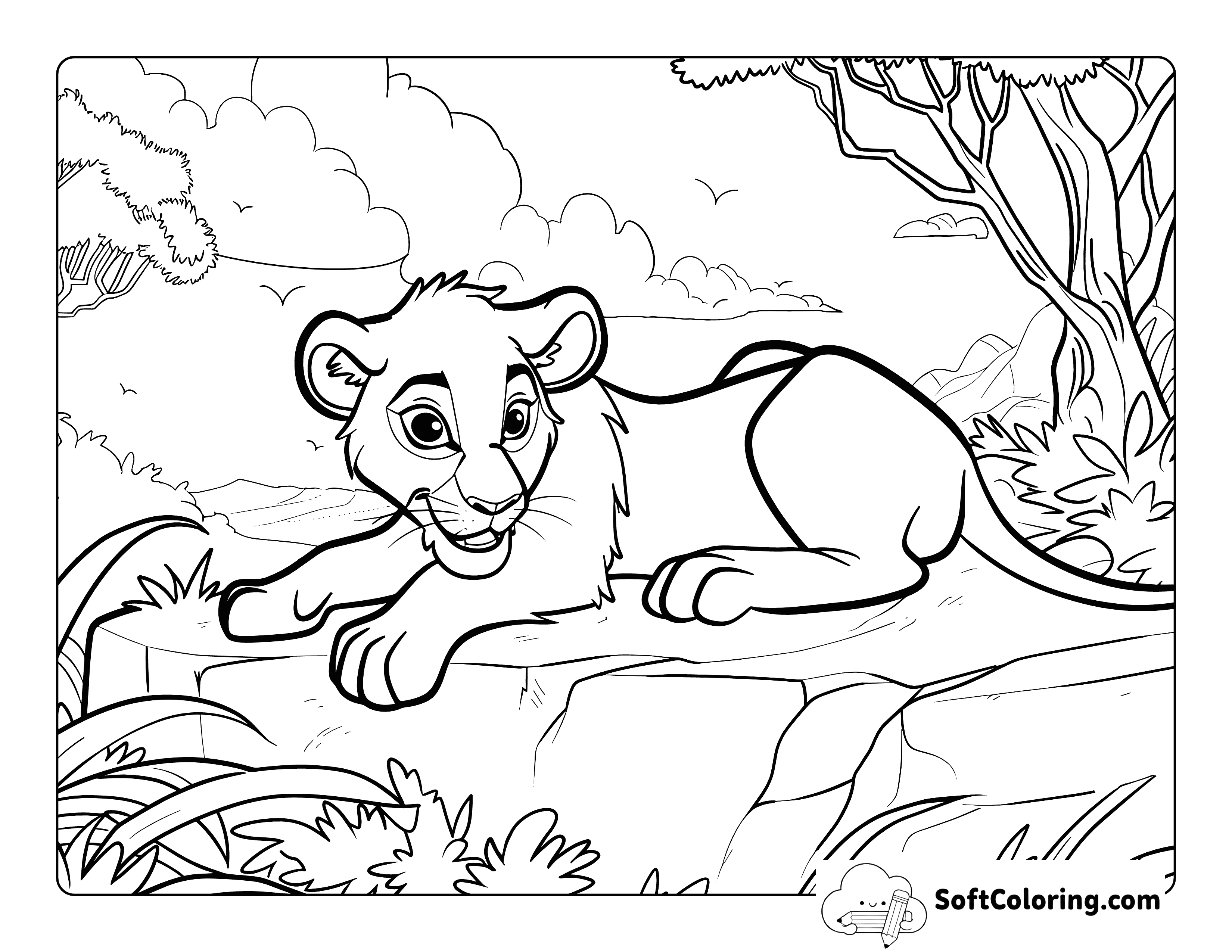 Relaxing on a Cliff Printable Lion Coloring Sheet