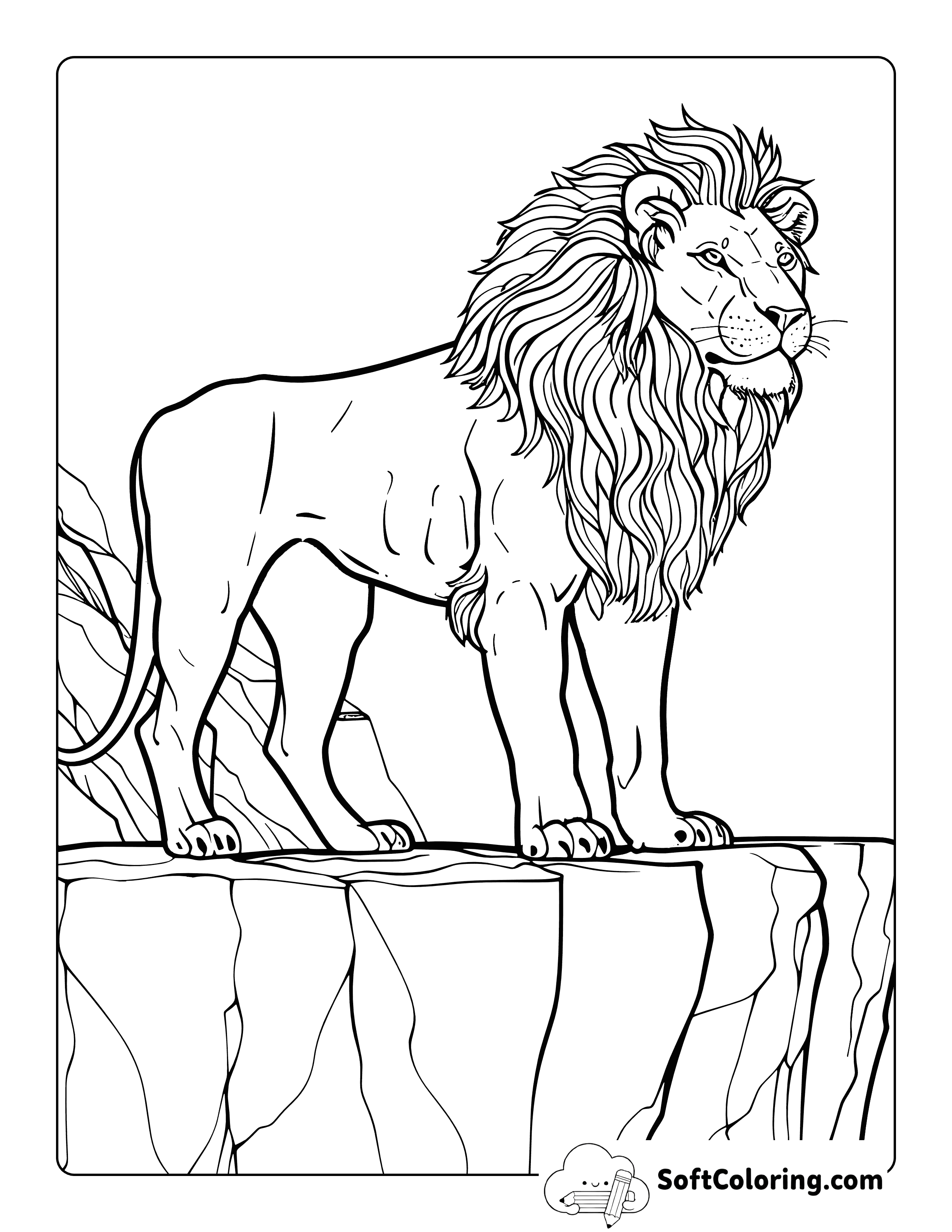 Standing on Cliff Realistic Lion Coloring Page for Adults
