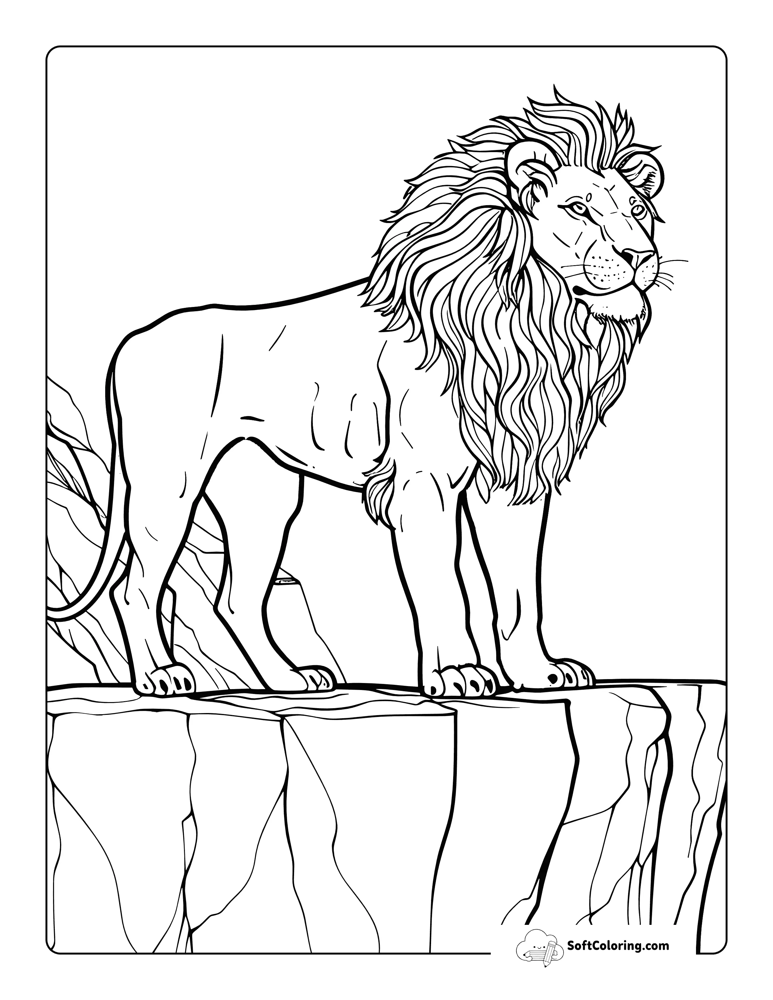 Standing On Cliff Realistic Lion Coloring Page For Adults
