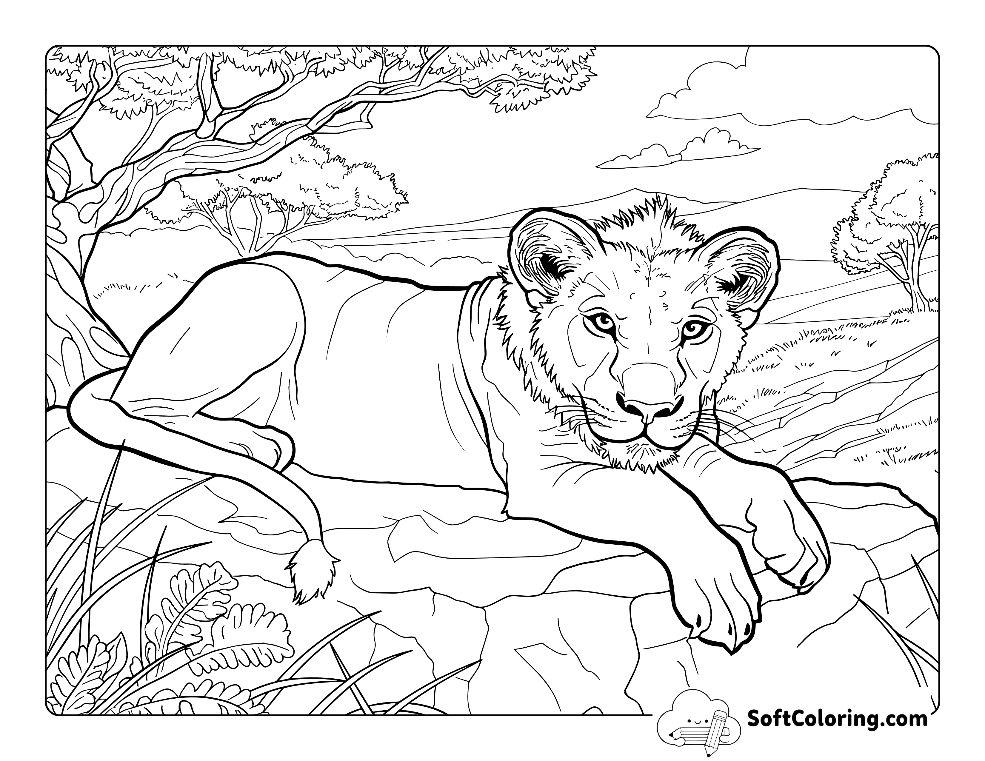 Lion Relaxing on Rock Realistic Coloring Sheet Printable