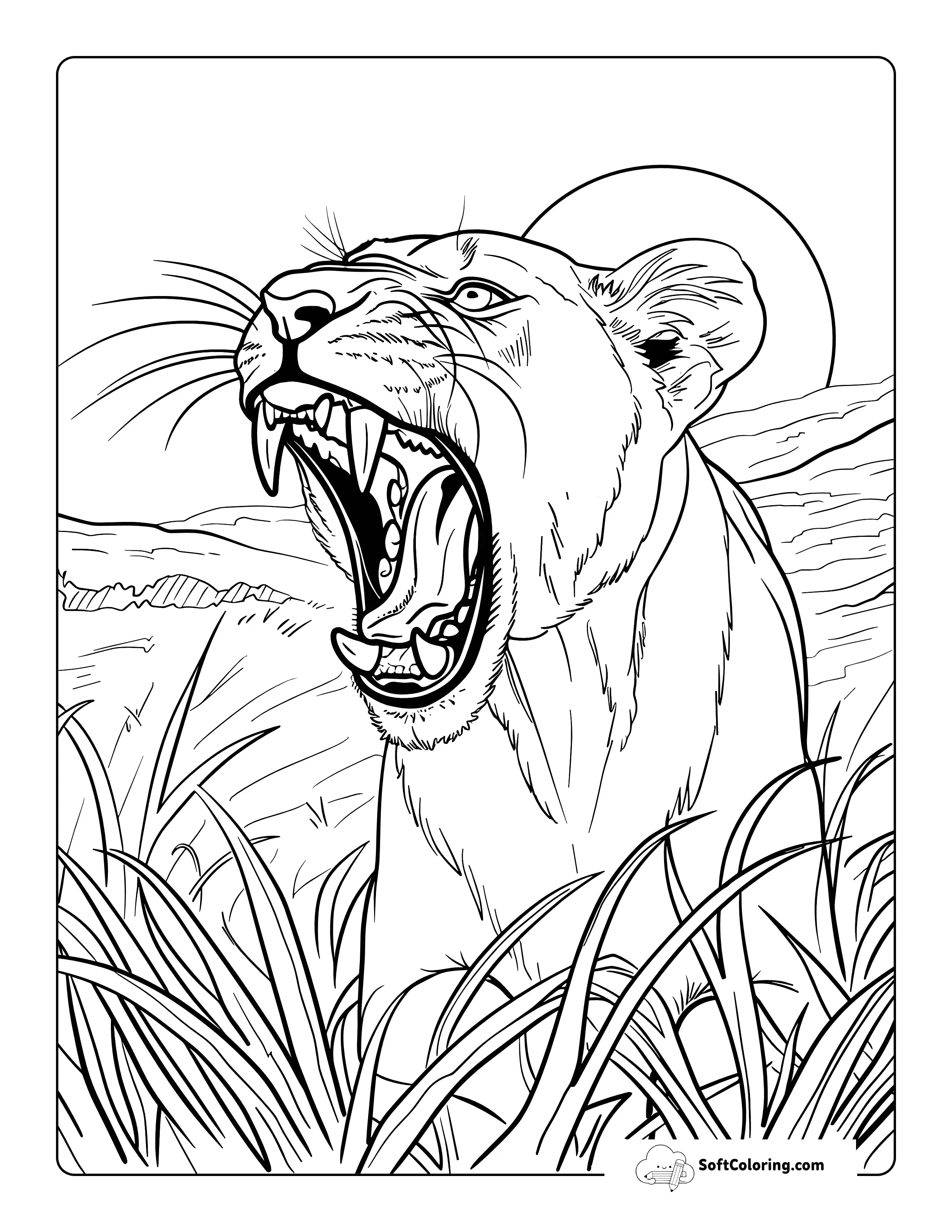 Realistic Roaring Printable Lion Coloring Page For Adults